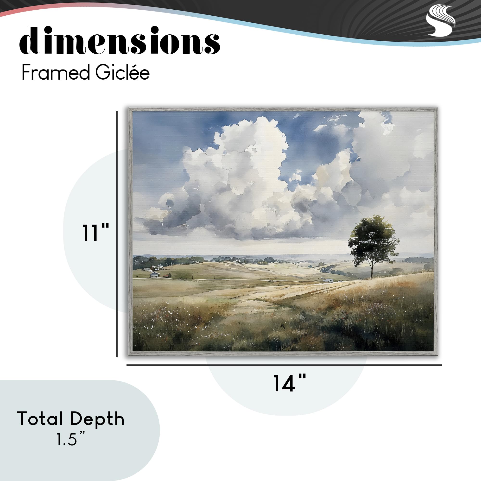 Serene Countryside Hills with Tree, impresión en giclée enmarcada de 11 x