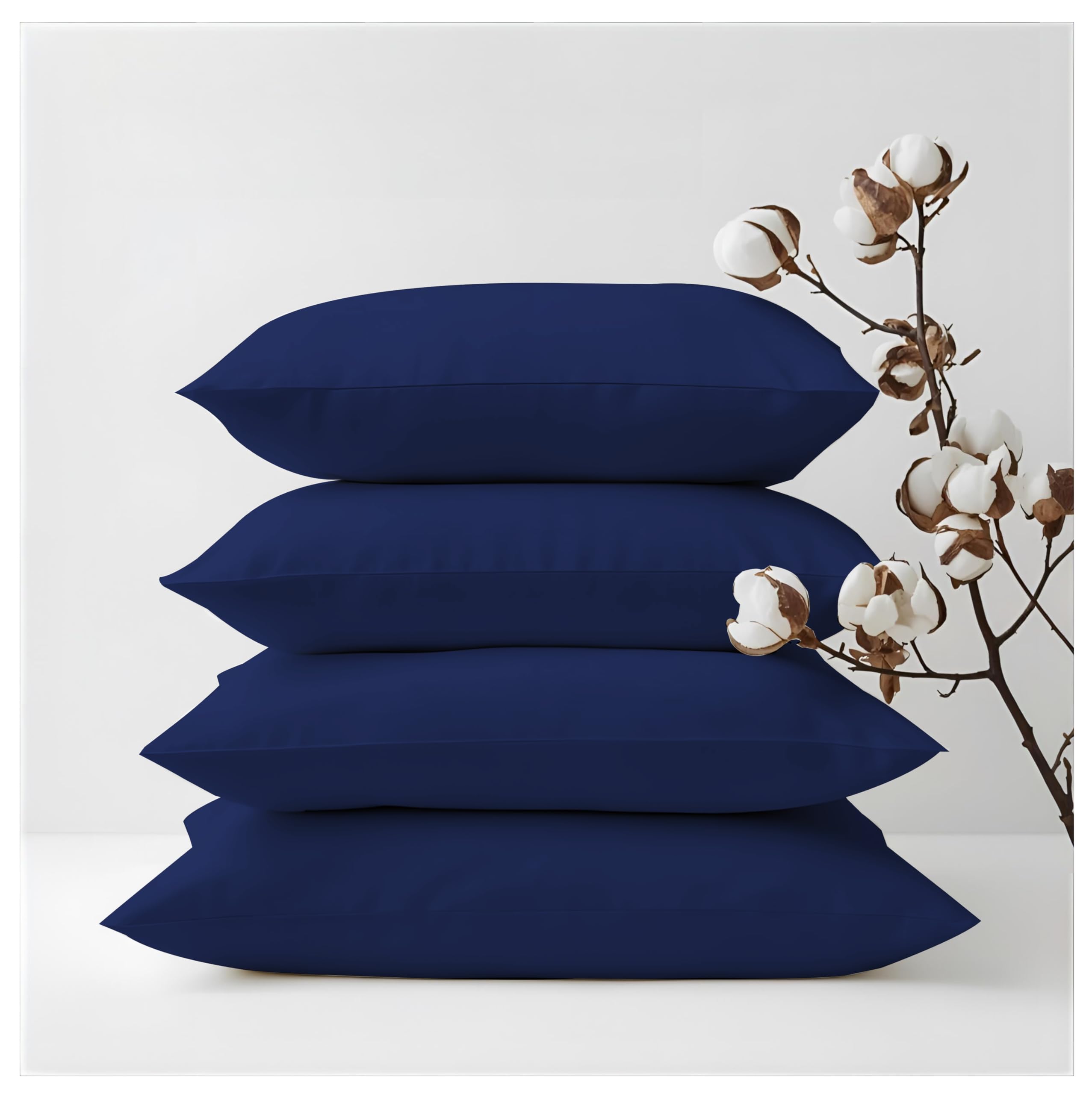 J.Din 100% Egyptian Cotton Pillow Cases 4 Pack, Hotel Quality Pillow Covers with Envelope Closure, Standard Pillowcases Navy Blue, 50 x 75 cm