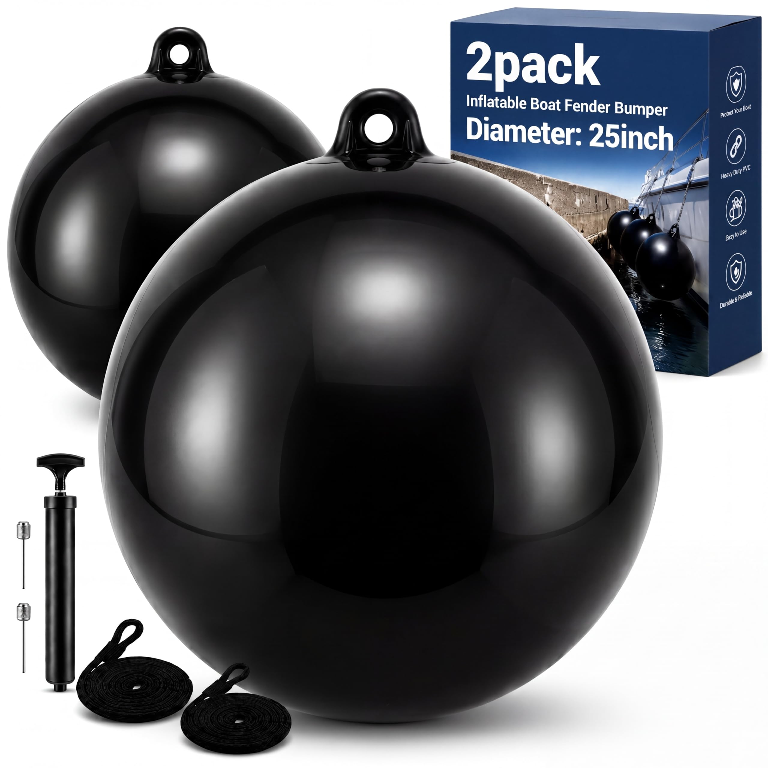 Sonwyoung 2 Pcs 25 Inch Inflatable Boat Fender Bumper for Docking with Ropes Big Bumper Inflatable Round Ball Large Boat Buoys Bumpers for Marine Fishing Pontoon Yachts Tie up Raft (Black)