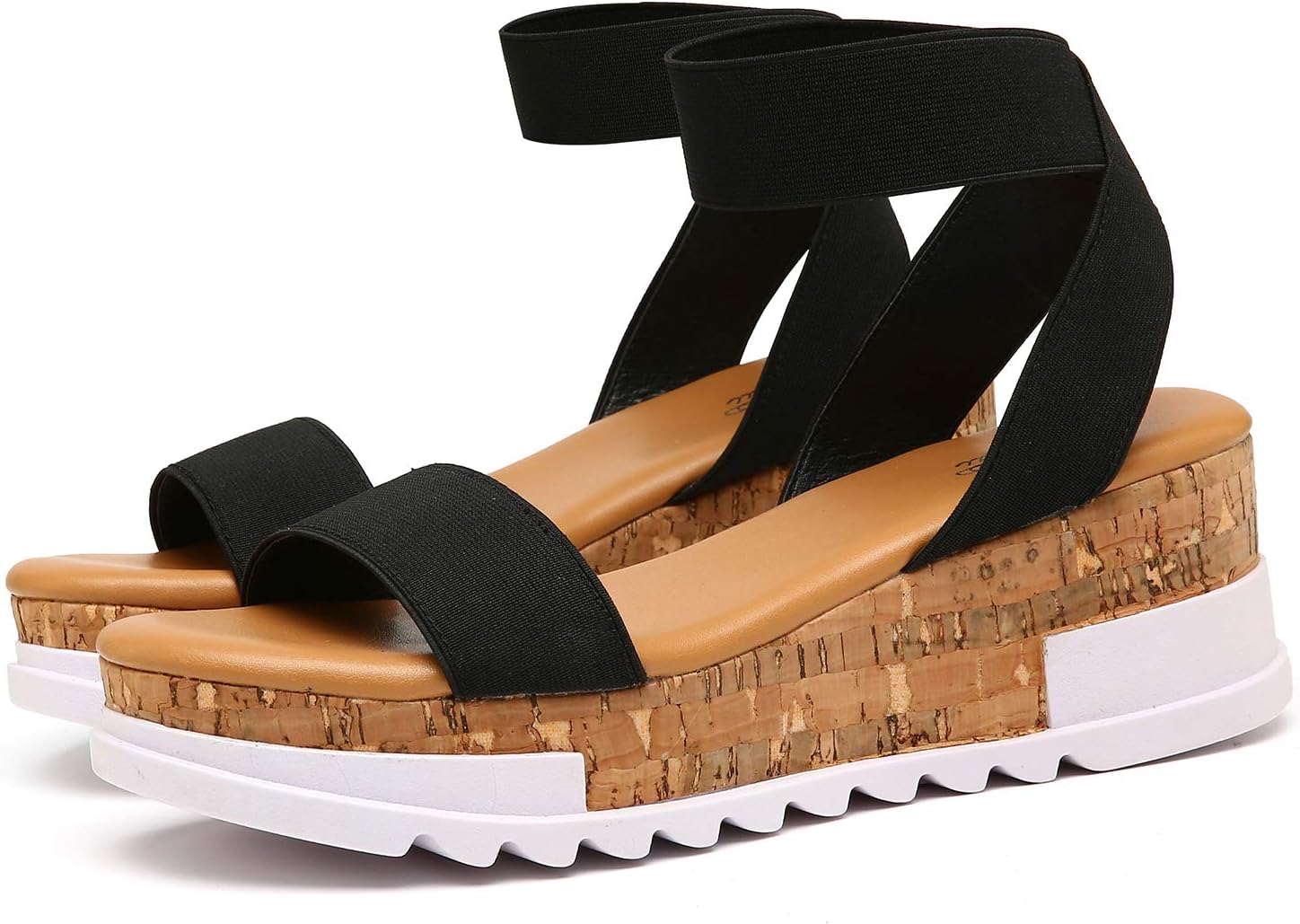 katliuWomen's Wedge Platform Sandals Elastic Ankle Strap Cork Platform Sandals Black
