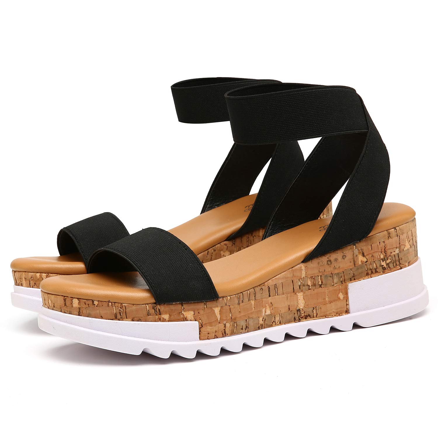 katliuWomen's Wedge Platform Sandals Elastic Ankle Strap Cork Platform Sandals Black