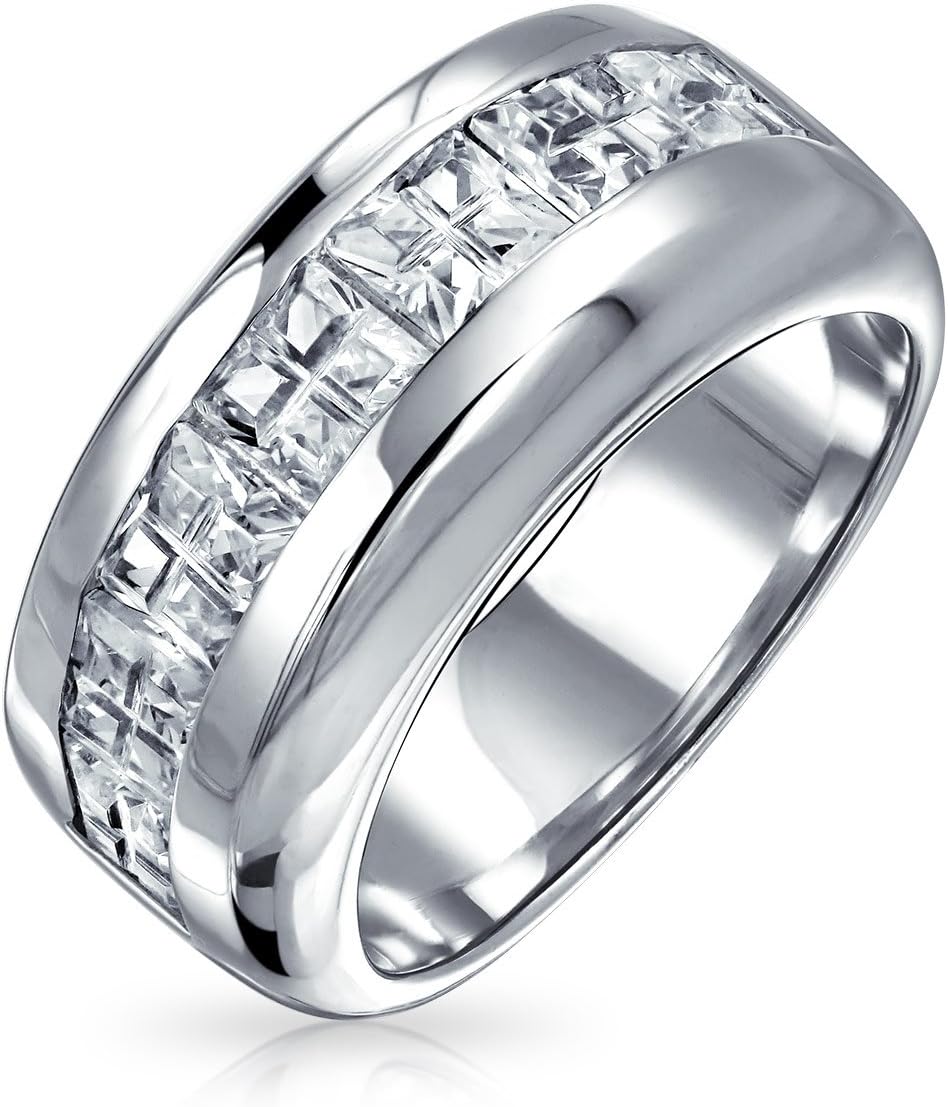 Bling Jewelry Personalize Unisex Clear Simulated Blue Sapphire Channel Set Cubic Zirconia AAA CZ Princess Invisible Cut Wedding Band For Men Women .925 Sterling Silver 9MM Band Ring