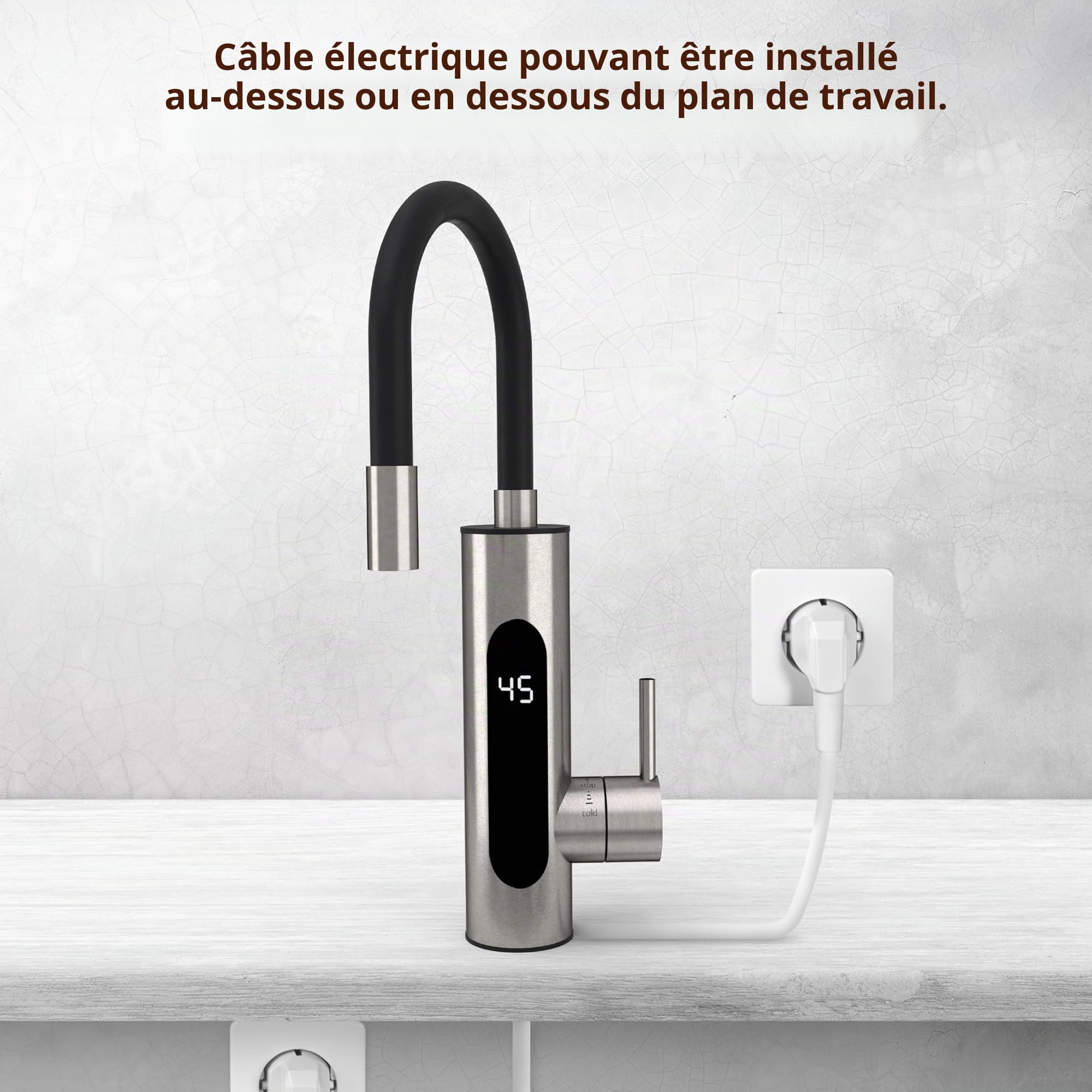 HOGART Robinet électrique avec chauffe-eau instantané 230 V pour cuisine, jardin, salle de bain, caravane, camping, 2 embouts, chauffage intelligent, robinet avec chauffe-eau instantané, robinet d'eau