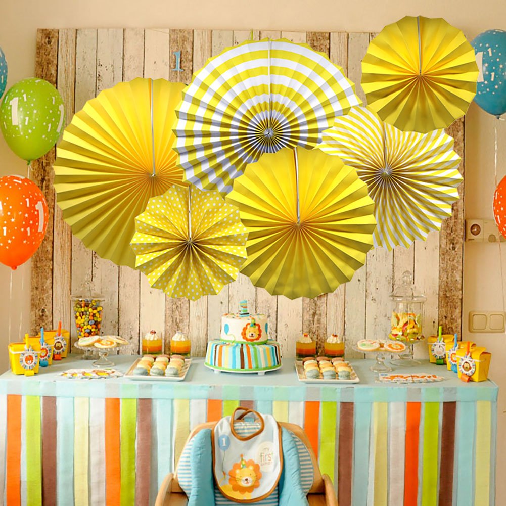 ADLKGG Party Hanging Paper Fans Set, Yellow Round Pattern Paper Garlands Decoration for Birthday Wedding Graduation Events Accessories, Set of 6 4