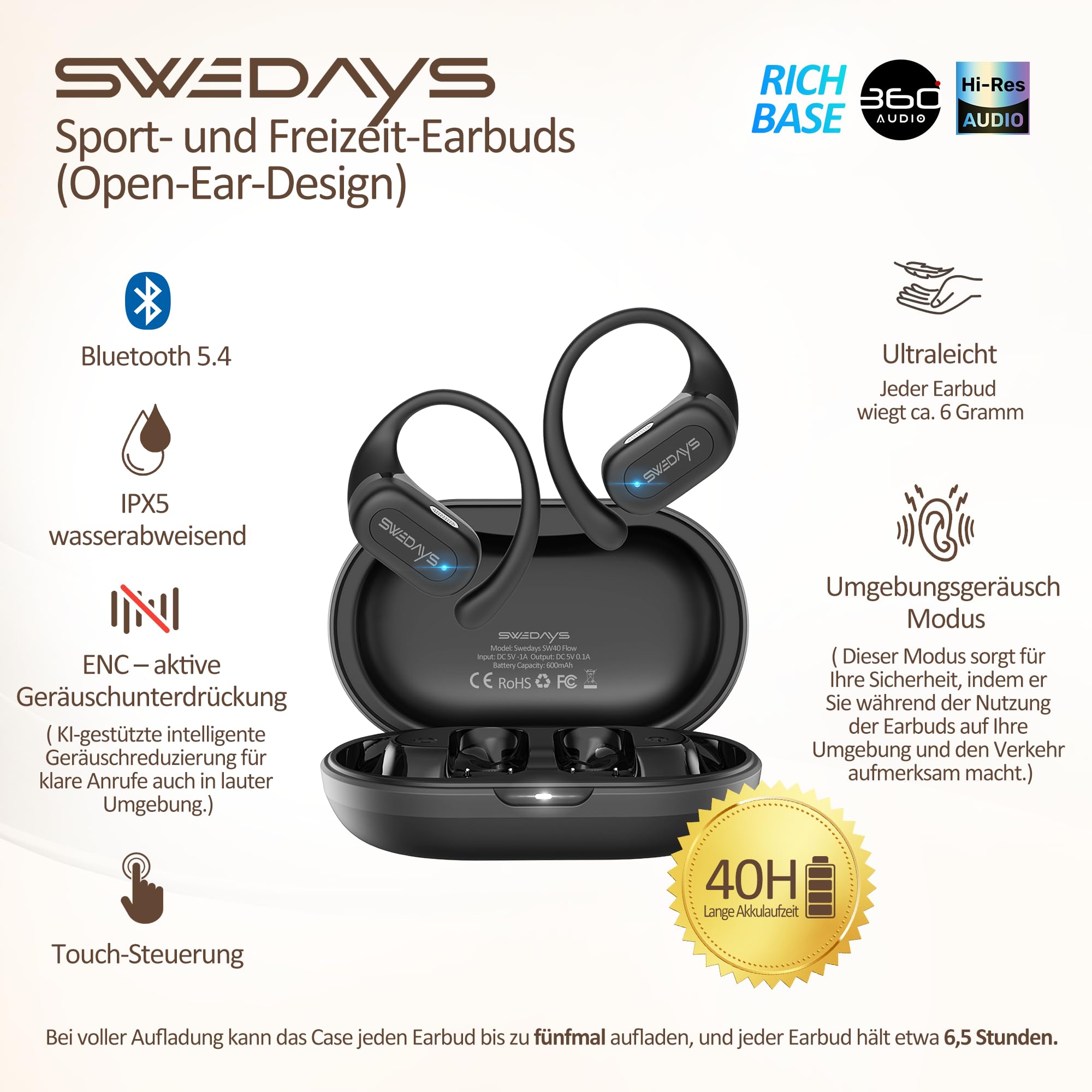 Open-Ear Kopfhörer mit Ohrbügel, Kabellose Bluetooth Kopfhörer Sport mit ENC Noise Cancelling Mic, 40h Akku, IPX5 Wasserfest für Radfahren, Wandern, Laufen & Fitness