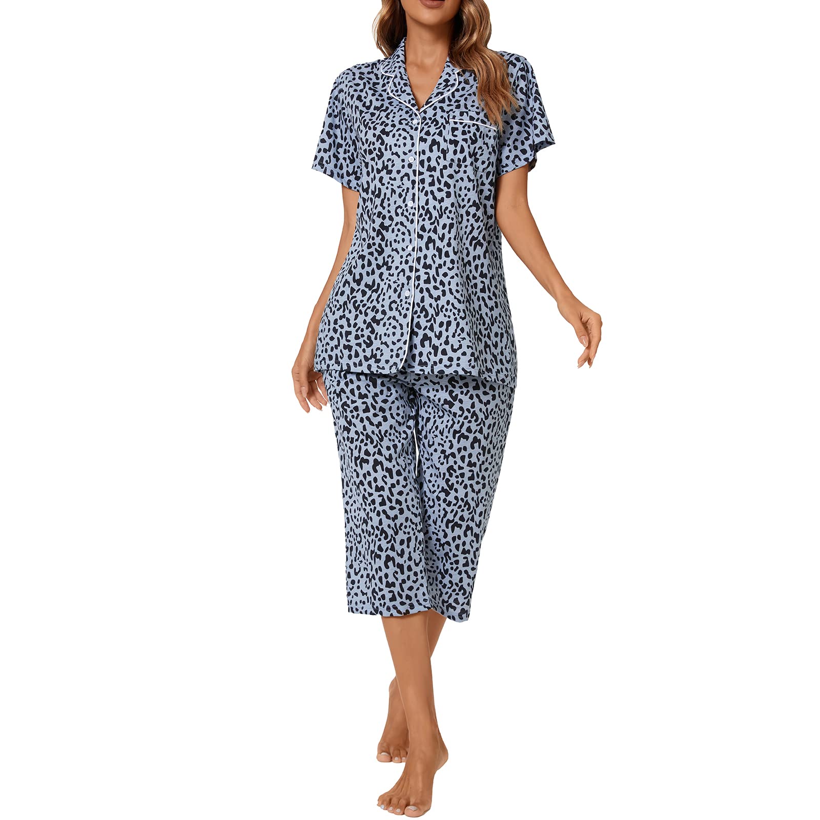 Tugege Capri Pajamas Set Womens Button Down Short Sleeve Lounge Sets Sleepwear Notch Collar Top Capri 2 Piece