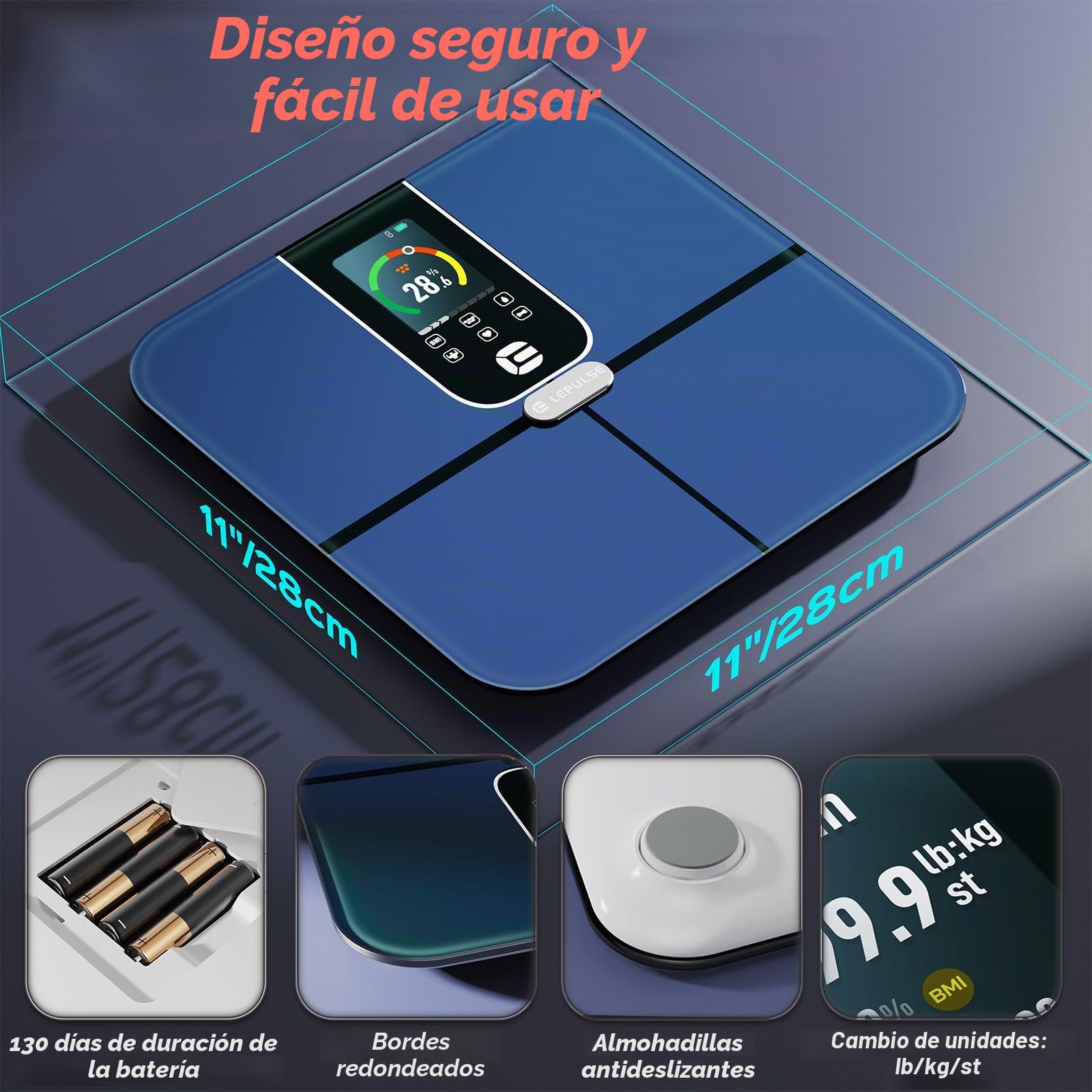 Lepulse Báscula digital para personas de 3,35 pulgadas, TFT, pantalla grande, báscula digital con grasa corporal y masa muscular, báscula BIA con aplicación, 22 datos de medición, frecuencia cardíaca