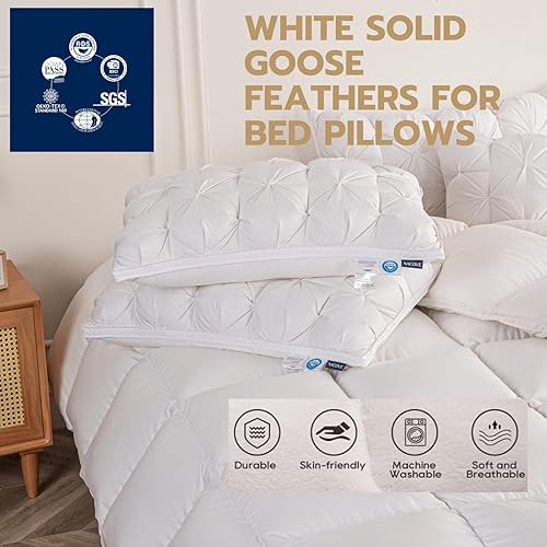 Miniatura 6 de Juego de 1 almohada de plumas de ganso sólidas blancas para almohadas de cama de la colección de hotel, suaves, 600 hilos, 100% algodón, estándar,