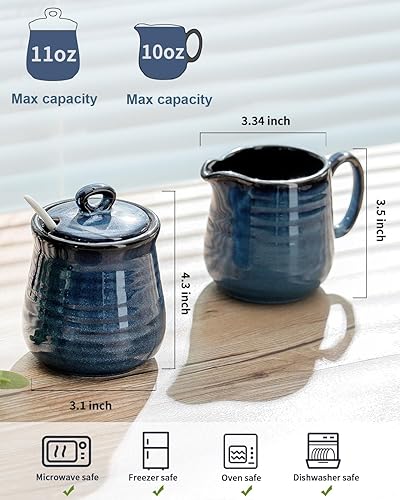 Miniatura 2 de Juego de azúcar y crema de cerámica, tazón de azúcar de 11 oz con tapa y jarra de crema de 10 onzas, jarra de leche y dispensador de azúcar para