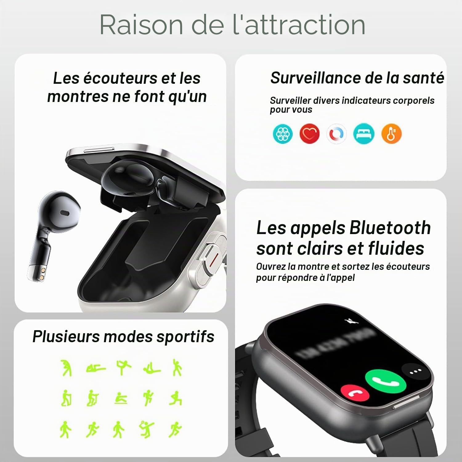 Montre Intelligente avec écouteurs, écran HD 2.01, Montre Intelligente 2 en 1 avec écouteurs, Moniteur d'activité Physique, NFC, Sommeil, Fréquence Cardiaque, Moniteur de