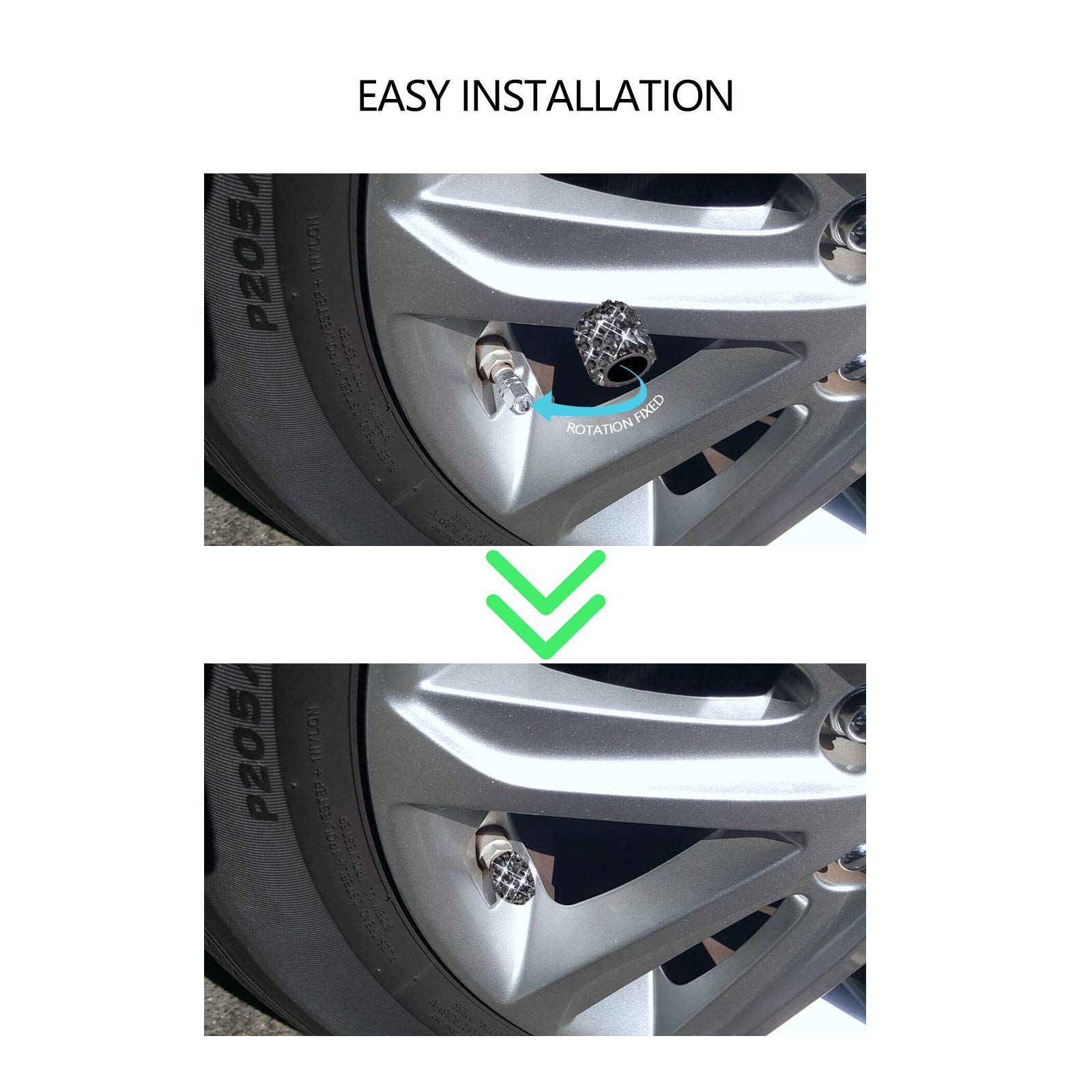 Sikawai Bling Valve Stem Caps Black Sparkling Handmade Crystal Rhinestone Universal Car Tire Valve Caps Chrome Attractive Dustproof — view 5