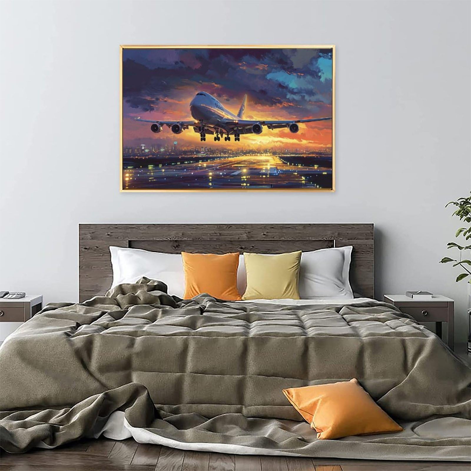Amazon.co.jp: 絵画 夕暮れに着陸する飛行機インテリア 絵画 イラスト