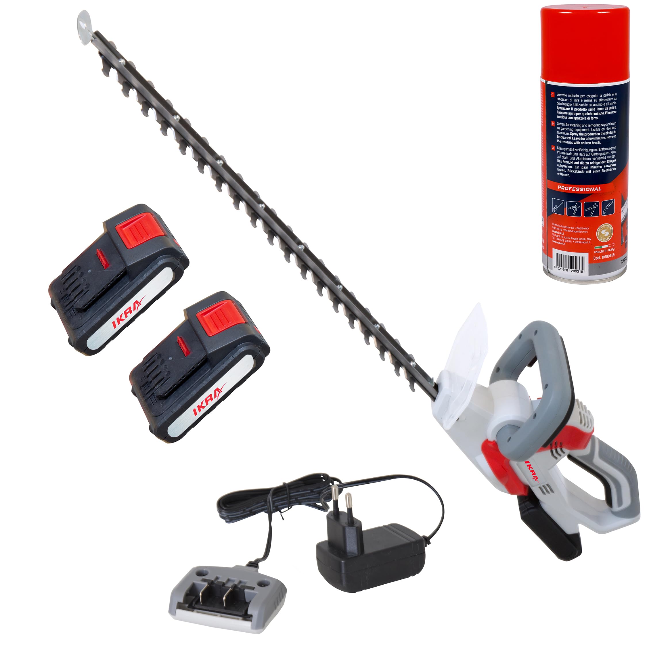 IKRA Heckenschere IAHS 20-1 inkl. 2 Akkus 20V, Schnelllader & Spray | Schnittlänge 54cm, Schnittstärke 18mm, Rundgriff mit Softgrip, Messer mit Anschlagschutz, 20 Volt Akku-Familie von IKRA