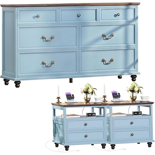 Farmhouse Furniture Set, Nightstands Set of 2 and 7 Drawers Dresser for Bedroom, 54 Inch Wide Wood Dresser and 24" Night Stands with Charging Station for Bedroom, Living Room, Hallway