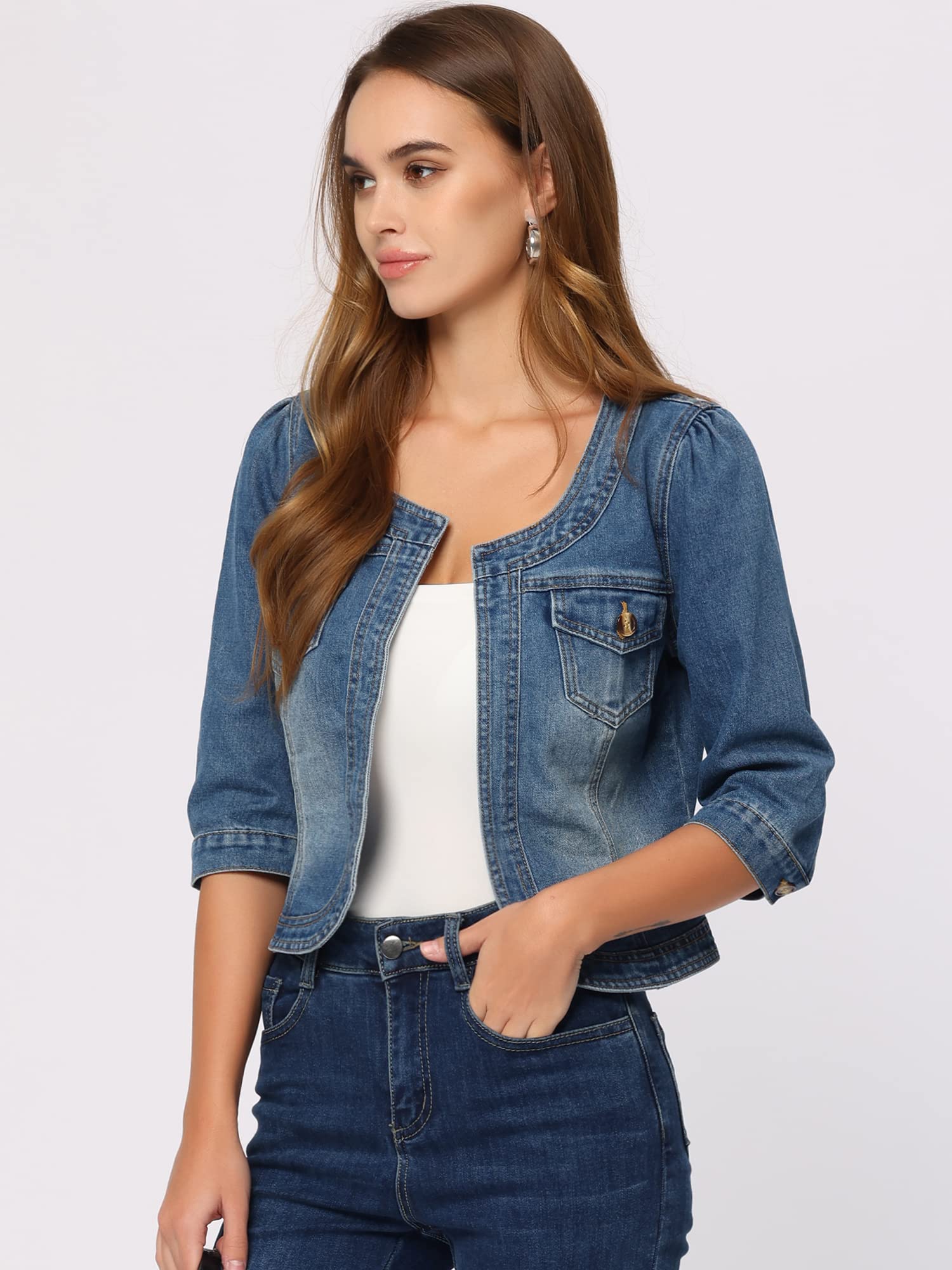 Allegra K Veste en Jean pour Femme Sans Col à Manches 3/4 Devant Ouvert Blouson en Demin Délavé