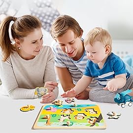 Funsland Wooden Puzzles for Toddler Peg Puzzle Toys, Wooden Jigsaw Puzzles Zoo Animal Patterns Puzzle with Handles Educational Montessori Puzzles