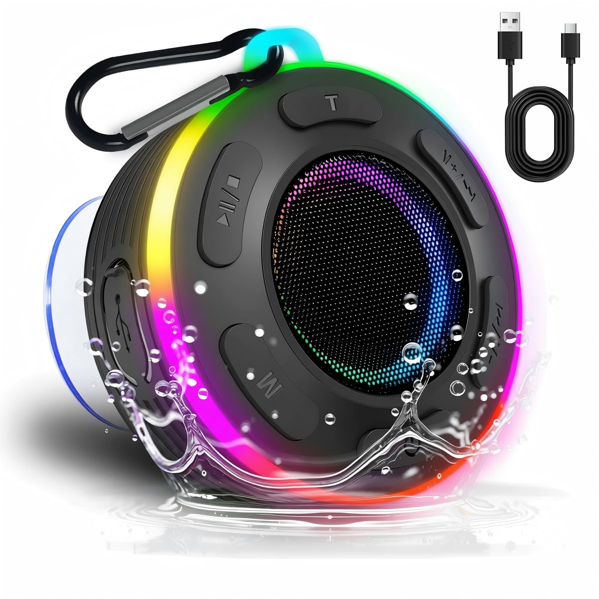 Portable Bluetooth Shower Speaker with Led Light,Waterproof Speaker Loud Sound Built-in Mic Hands,Free Suction Cup&Hook,small Shower speakers for