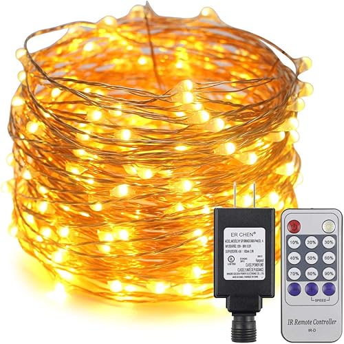 ER CHEN - Cadena de luces LED de 5.9ft, 200 luces LED estrelladas en 65.6ft de cable de cobre adaptador de corriente + control remoto (blanco cálido)