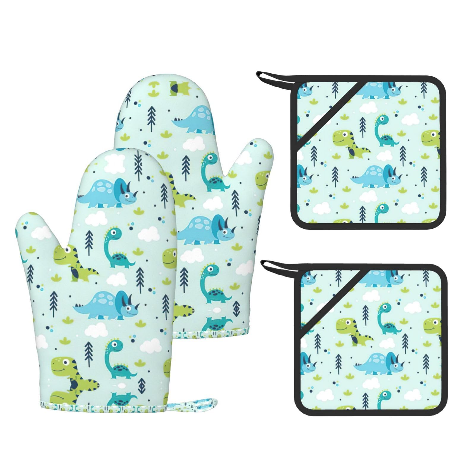 Eeprty Black Dinosaur Pattern Printed Kitchen Oven Gloves And Potholder 4 Pcs, Non-Slip Heat Resistant Mitts For Baking Chef