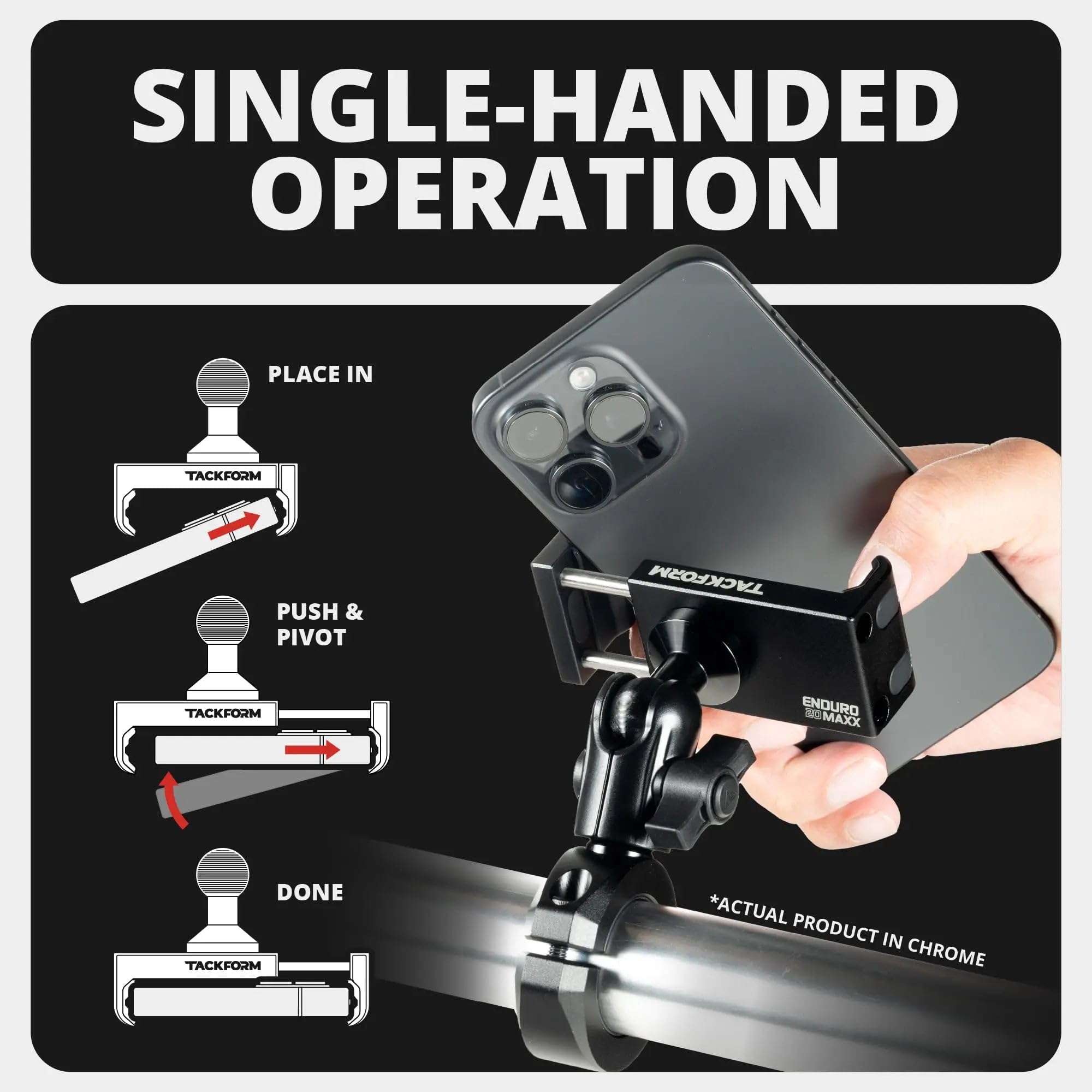 Tackform Chrom-Motorrad-Handyhalterung aus Metall, 20 MAXX Federhalterung, 8,9 cm langer Reichweitenarm, Universal-Klemme, passend für 2,2 cm bis 3,8 cm Lenker, Aluminium, kompatibel mit allen iPhones