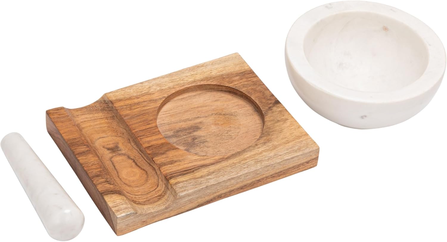 Creative Co-Op Marble Mortar and Pestle with Wood Base, White and Natural Finish