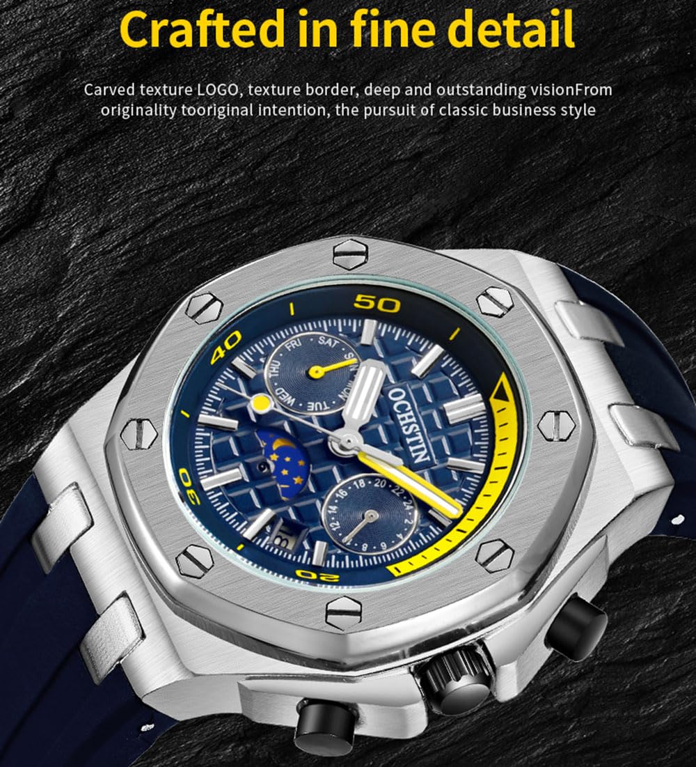 Modische Sportliche Mechanische Uhren Herren-Automatikuhr Mit Mondphase, Wochenkalender, Wasserdicht Tourbillon Armbanduhr, Silikonarmband Und Leuchtzeigern