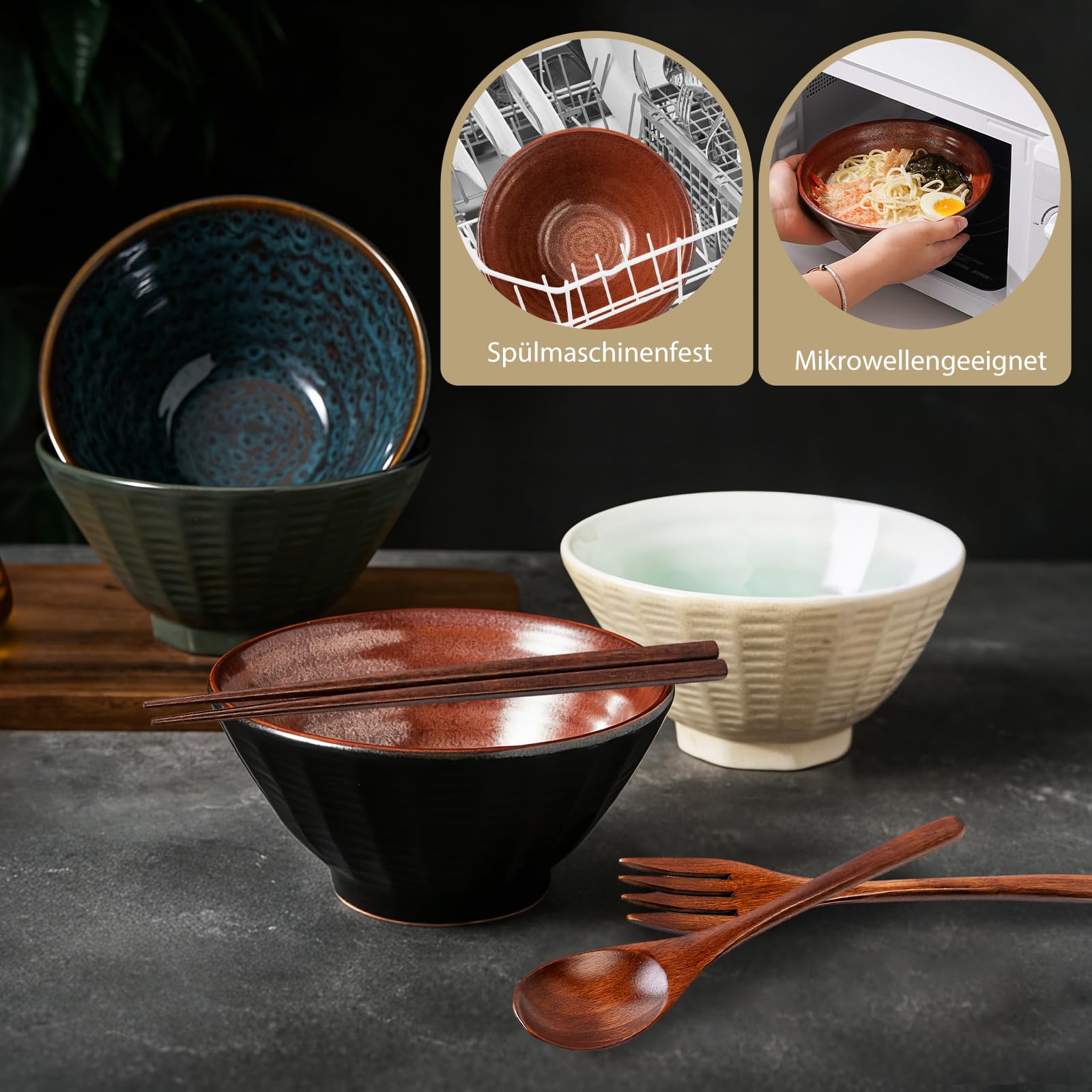 2 x 1600ml Ramen Schüssel Set, Ramen Set aus Keramik mit Essstäbchen, Gabel und Löffeln, Suppenschüssel Spülmaschinenfest Geschirr für Nudeln Suppen Getreide Salate Geschenke (Flammenrot)