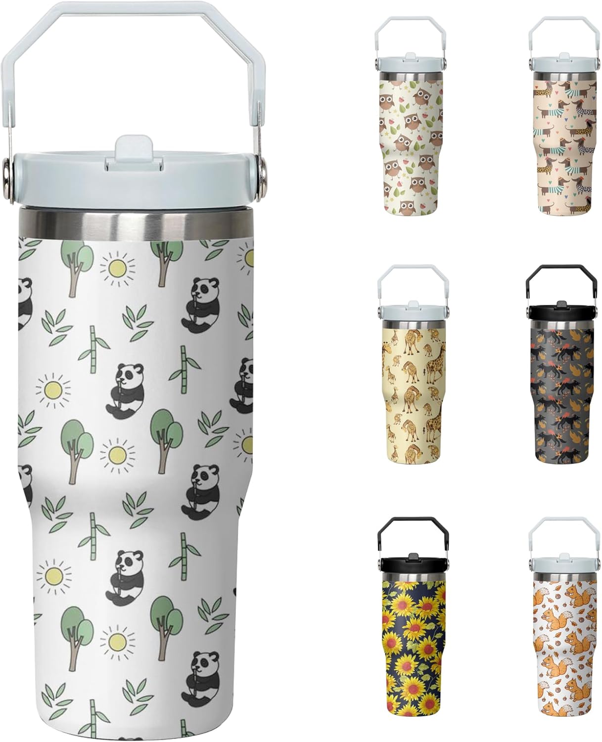 30oz Panda Tumbler with Handle and Flip Straw, Stainless Steel Insulated Cup, Travel Coffee Mug Water Bottle, Birthday Mothers Day Chritmas Gifts for Women Animal Lovers