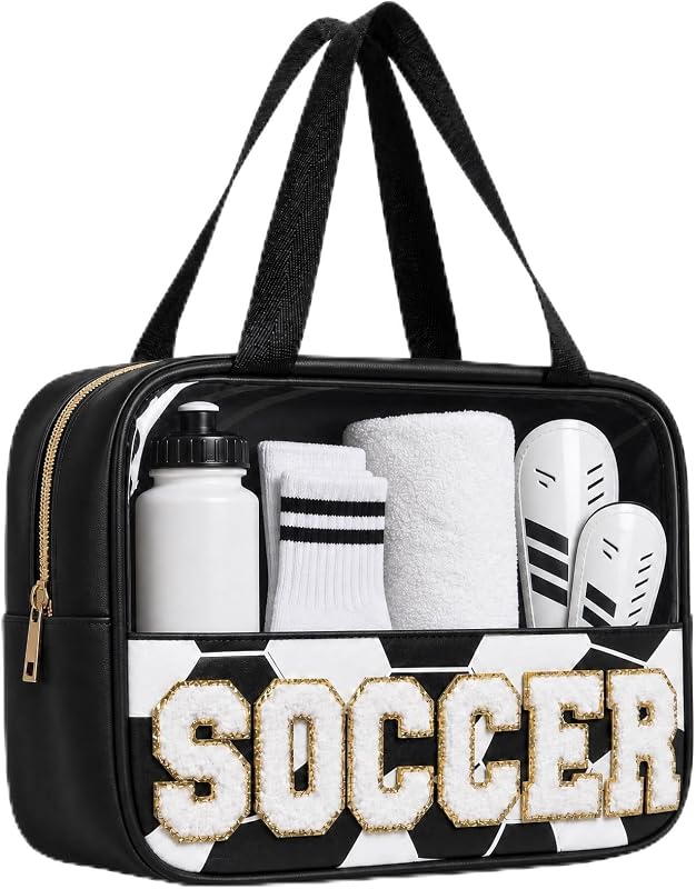 Necessaire transparente PPeen para maquiagem e viagem com zíper, estampa de futebol e alça de pulso