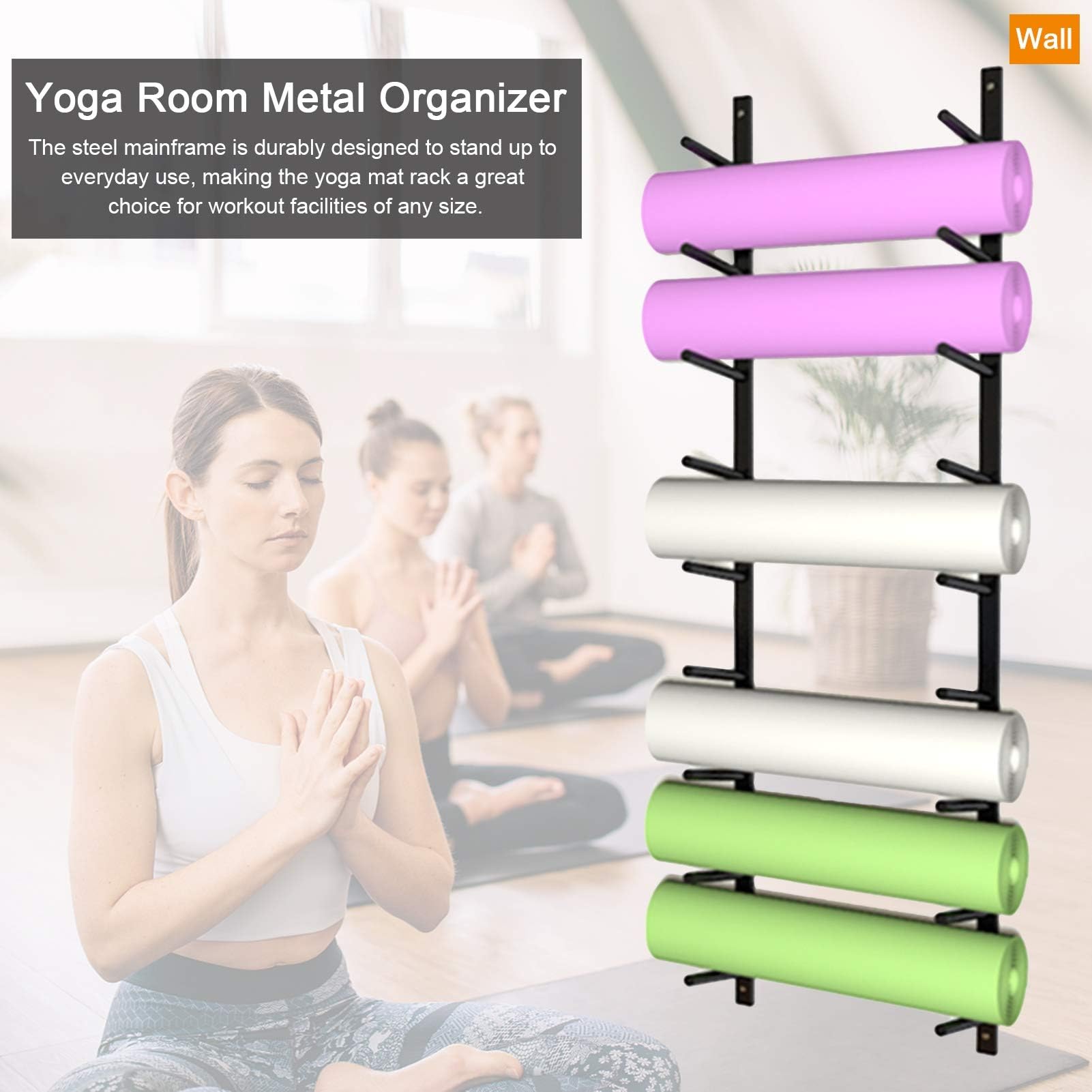 Soporte de pared para esterilla de yoga, estante de almacenamiento para rodillos de espuma y accesorios, organizador de gimnasio en casa para estirar correas y bandas de resistencia