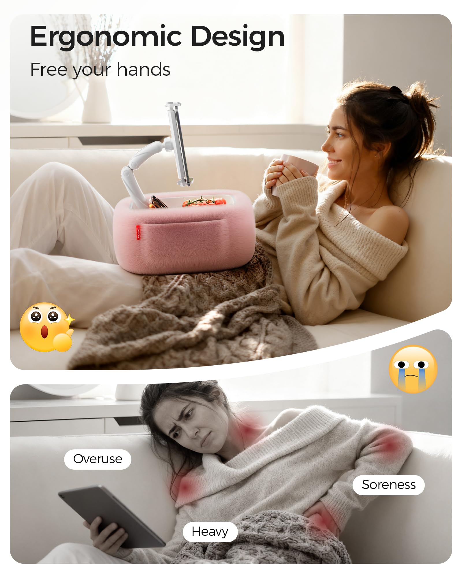 LULULOOK Supporto Cuscino Tablet per Kindle la lettura,supporto da tenere sulle ginocchia con ciotola per snack e braccio pieghevole per iPad,telefono e tablet da 4,7-14,6 pollici per leggere a letto