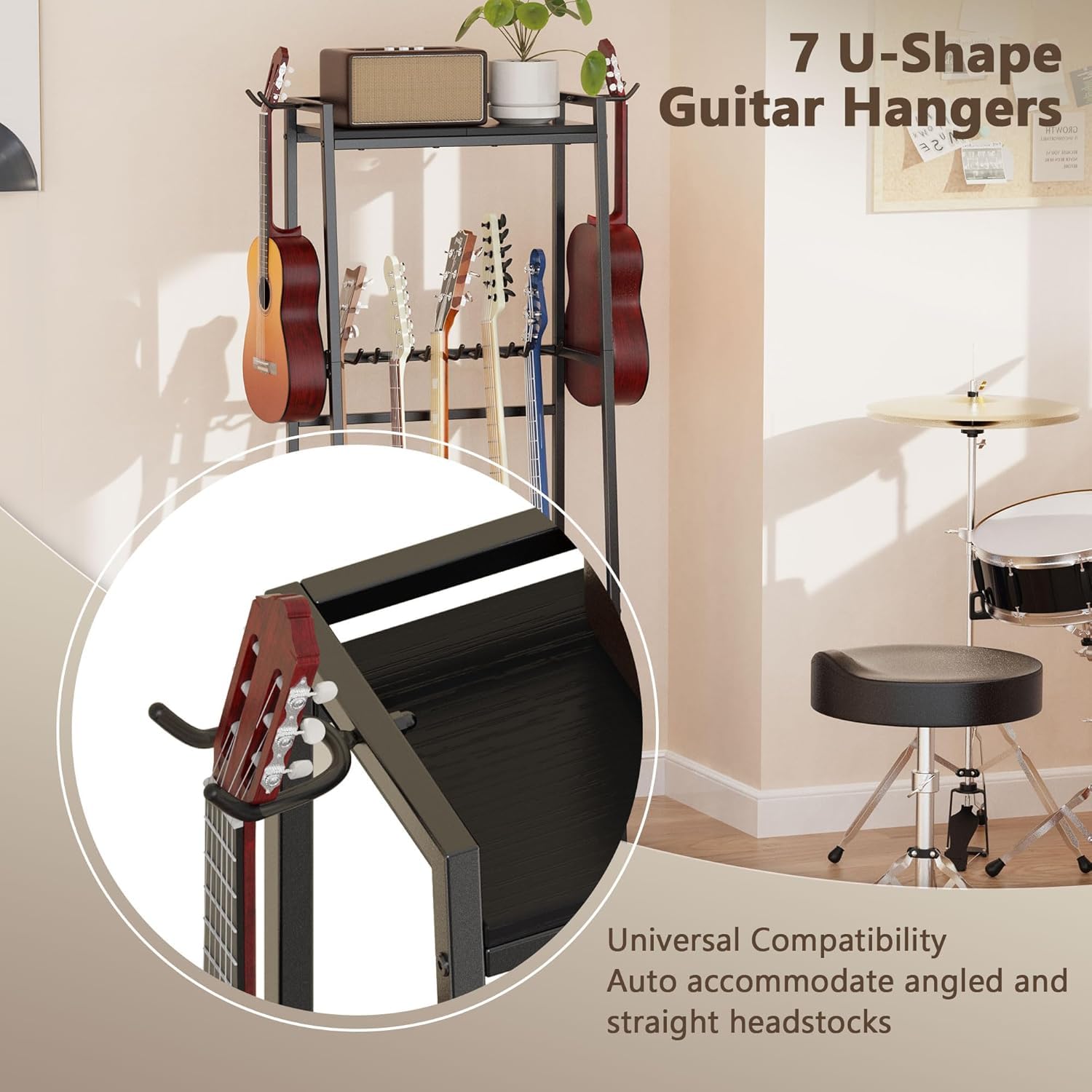 Supporto Chitarra a 2 Livelli per 5 - 7 Strumenti Chitarre Acustica Elettrica Bassi Ukulele Banjo con Ripiano ,multi Rack con imbottitura morbida per più Chitarre e Accessori Musicali
