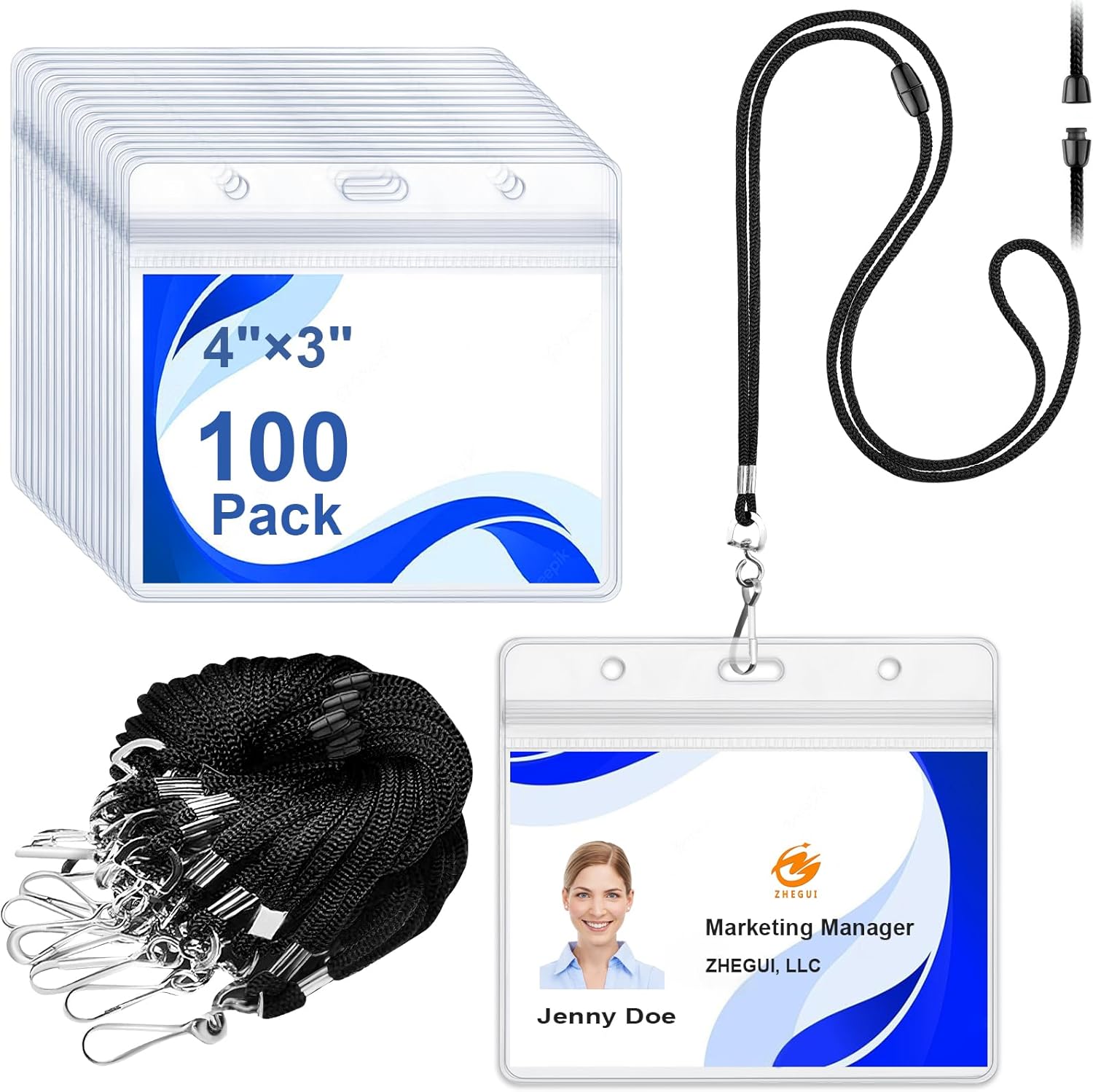 Breakaway Lanyards for ID Badges 100 Pack Black with ID Holder, Clear Horizontal 4x3 ID Badge Holder with Lanyard, Waterproof Name Badge Holders, Bulk Neck Lanyards for School Work Conference Event