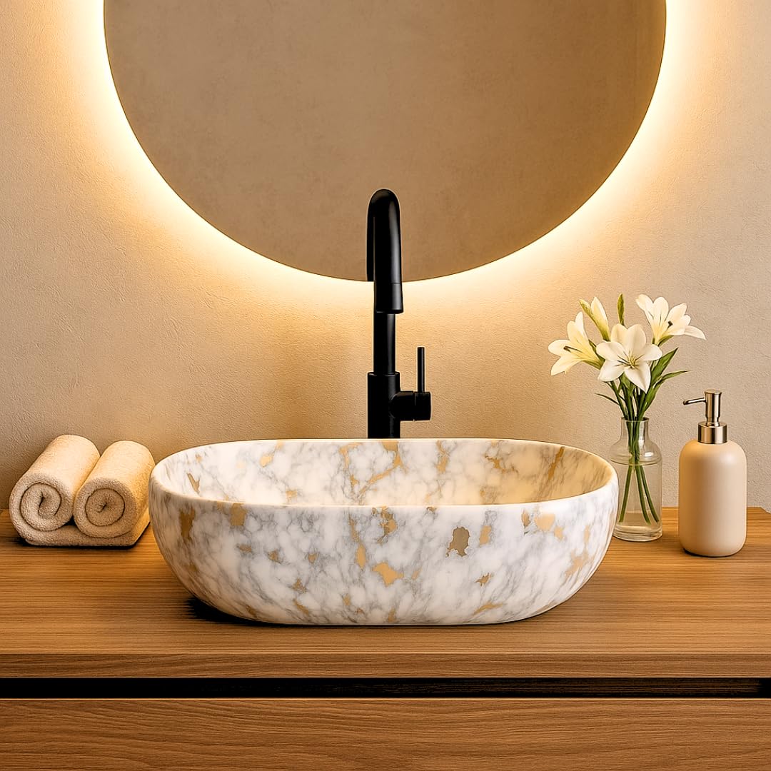 HISRE Table Top Wash Basin For Bathroom | Over Counter Top Wash Basin For Living Room | Washbasin Countertop | Tabletop Ceramic Bathroom Kitchen Sink (45 x 33 x 13 CM) (White - Grey & Golden Design)