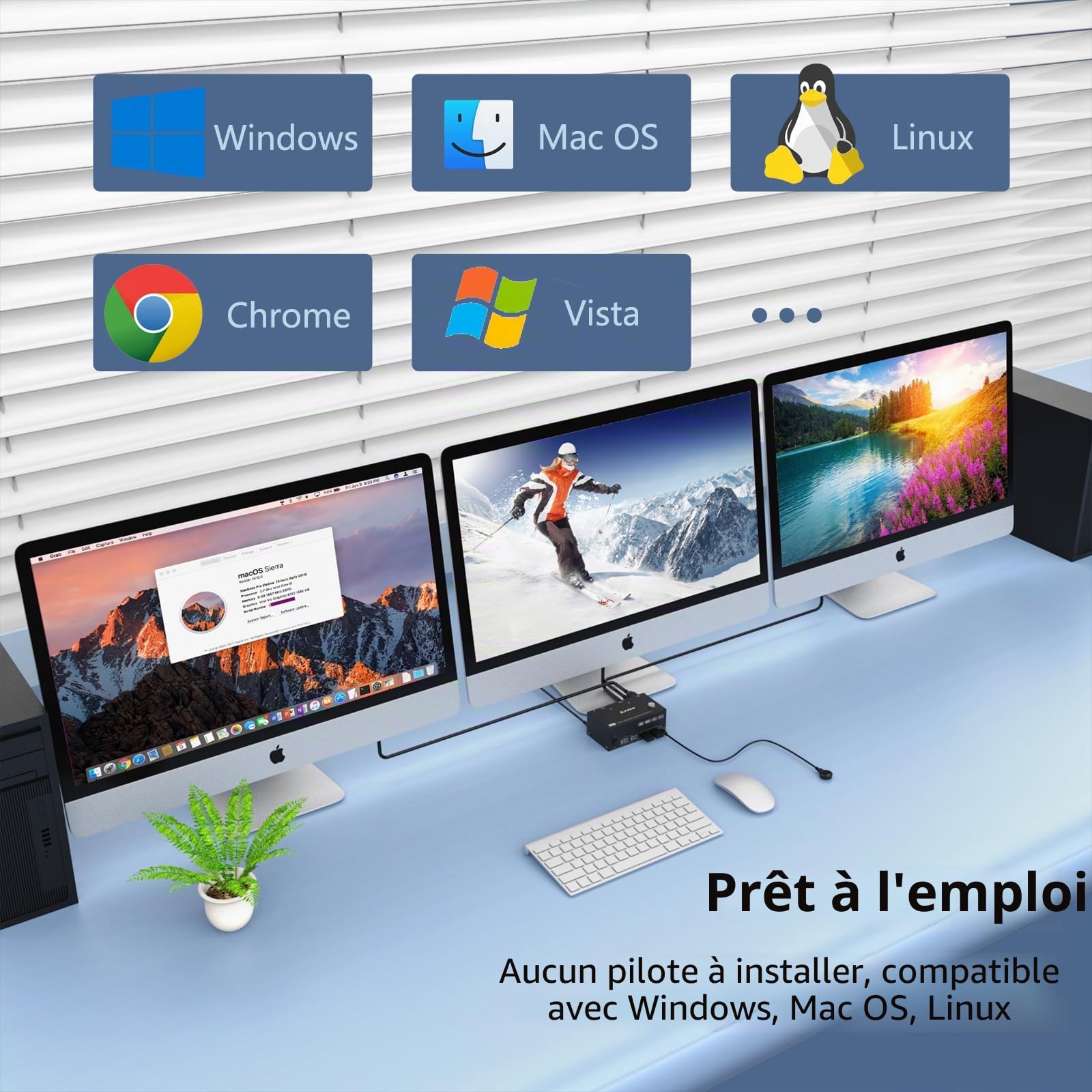 Switch KVM 2 PC 3 moniteurs 8K@60Hz 4K@144Hz, commutateur KVM triple moniteur DisplayPort + HDMI et 4 ports USB 3.0 pour 2 PC Share 3 moniteurs, avec alimentation 12 V DC et télécommande filaire