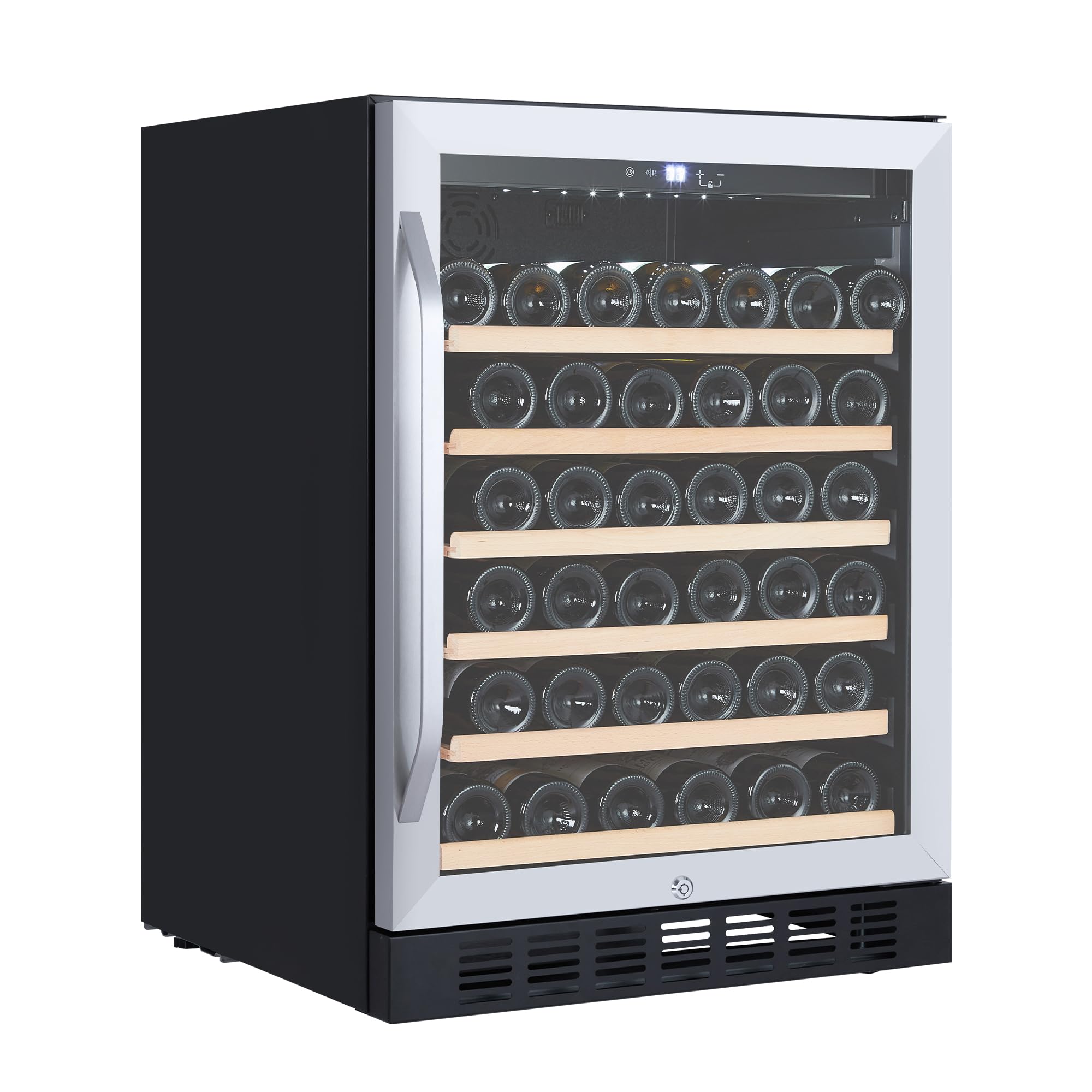 FinerFurnis Under Counter Wine Fridge Cabinet - 24 Inch Beverage Refrigerator with LED Lights & Lockable Doors, Freestanding/Built-In Wine Cooler for Kitchen, Bar, Dining Room - Black on Fridge.com