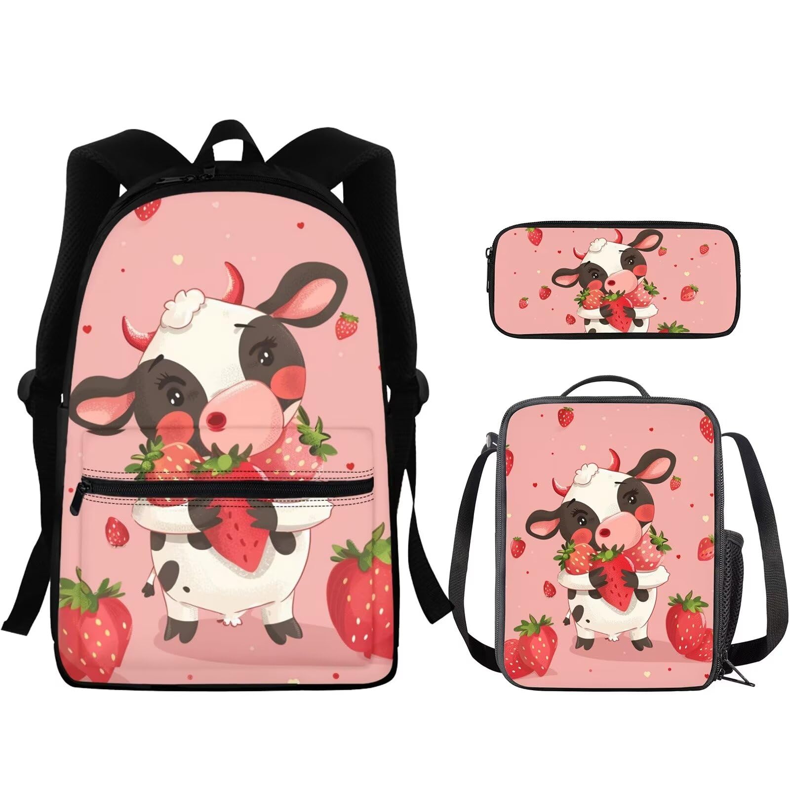 Flashideas Strawberry Cow Kids Backpack Set of 3 with Lunch Box Pencil Case Backpack for School Girls School Backpack Multifunctional Pencil Case for