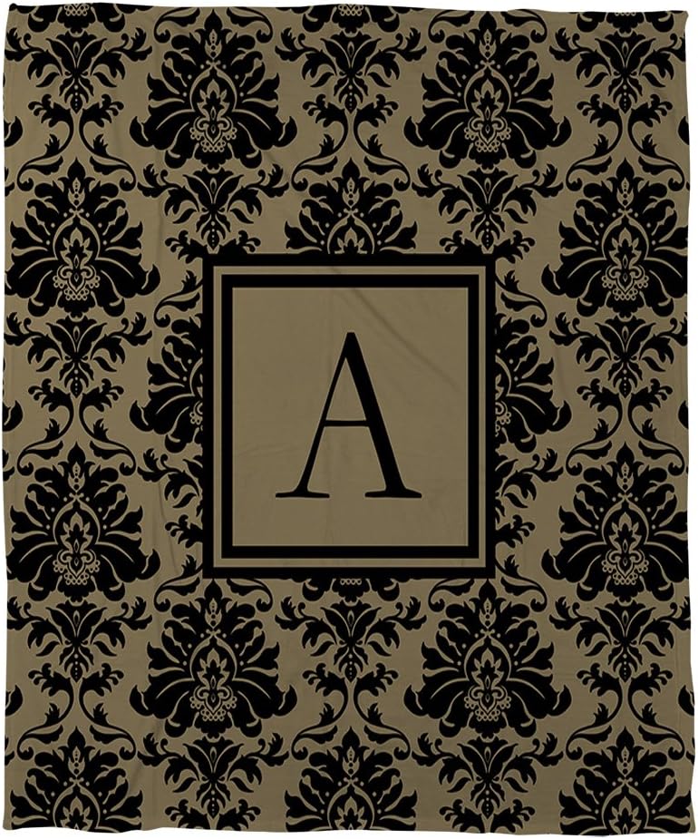 Manual Woodworkers & Weavers Coral Fleece Throw, 30 by 40-Inch, Monogrammed Letter A, Black and Gold Damask