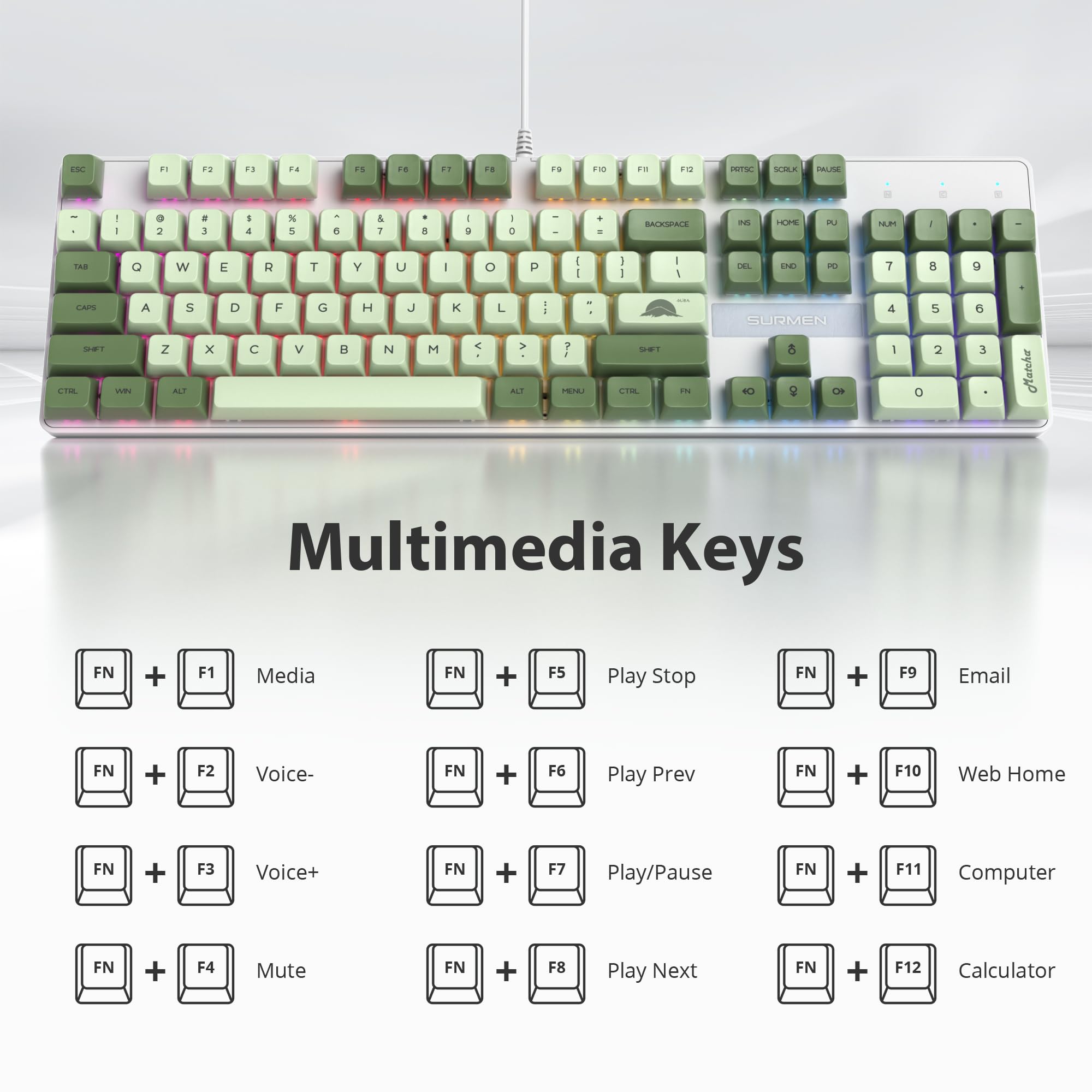 Sólido teclado mecánico para juegos de tamaño completo, diseño QWERTY Matcha Verde,con cable USB 104 teclas retroiluminado RGB con teclado numérico,teclado mecánico NKRO para Windows PC Gamer(104