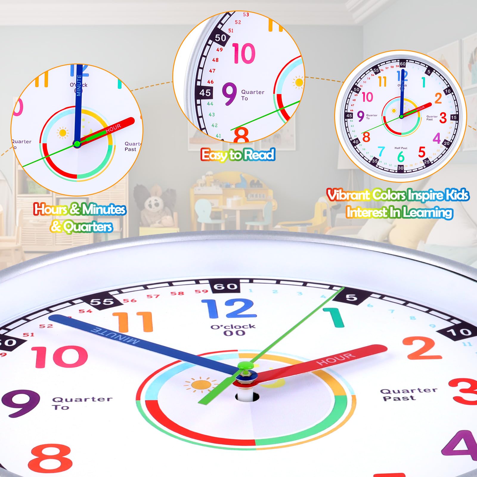 Orologio Da Parete Eurotime Per Cameretta Bambini – 25 Cm, Tema Cavallo, Al Quarzo, Silenzioso, Cassa Argento