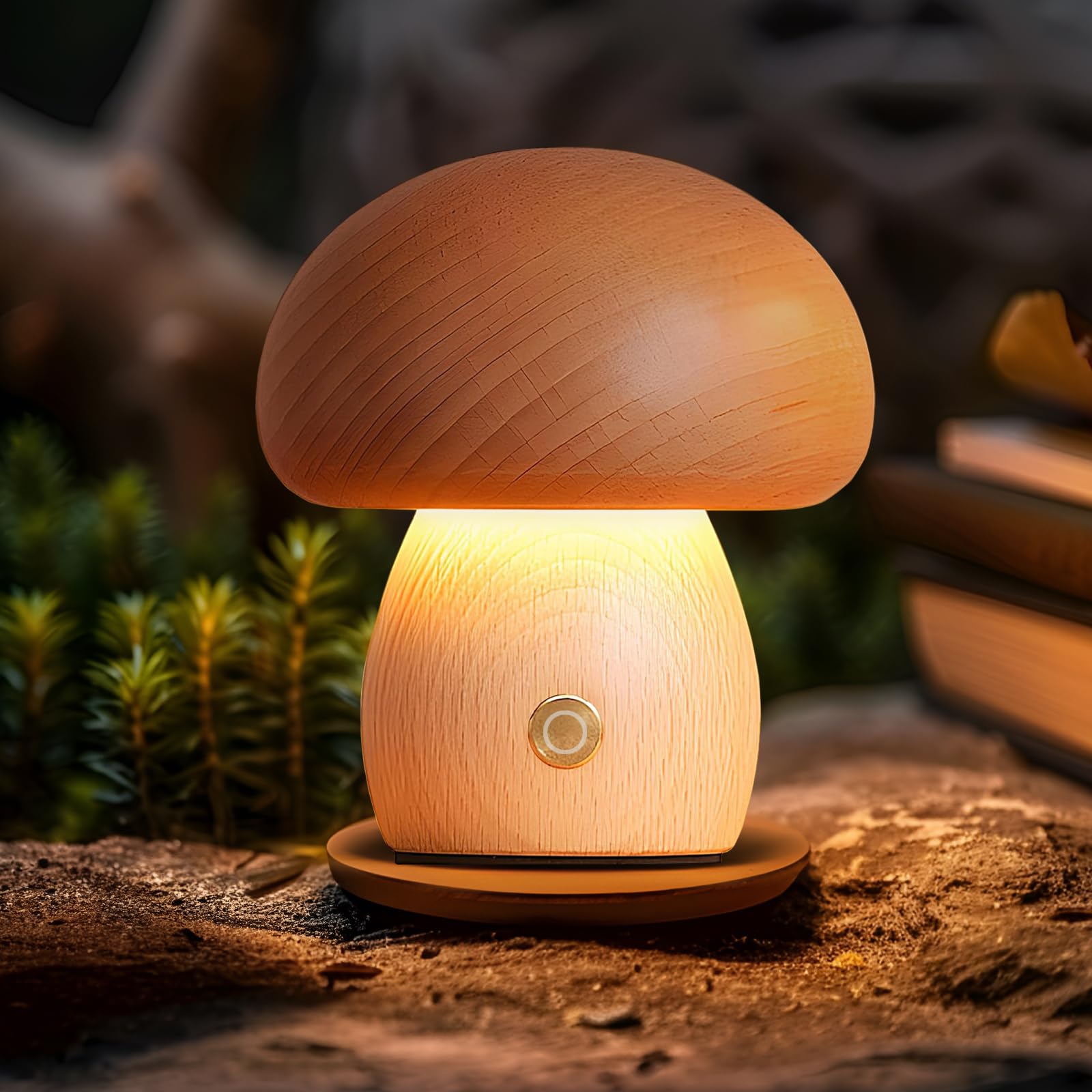 Wooden Mushroom Lamp, Portable Cordless Rechargeable Battery Operated Lamp,Stepless Dimming, Night Light for Birthday Gifts