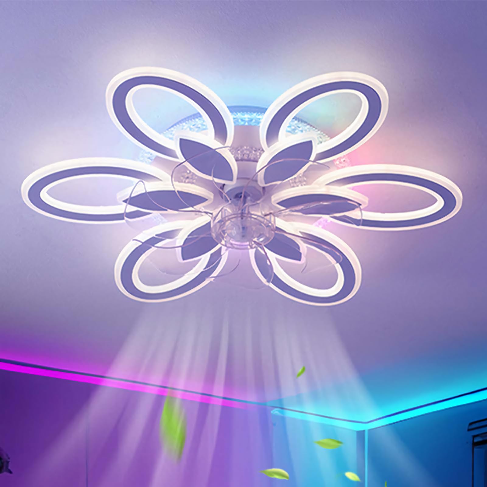 RGB Deckenventilator Mit Beleuchtung 65cm Blume Reversibel Deckenleuchte Mit Ventilator Fernbedienung Leise Dimmbar Smart Deckenventilator Mit Licht 6 Gang Weiß Für Wohnzimmer, Schlafzimmer-White