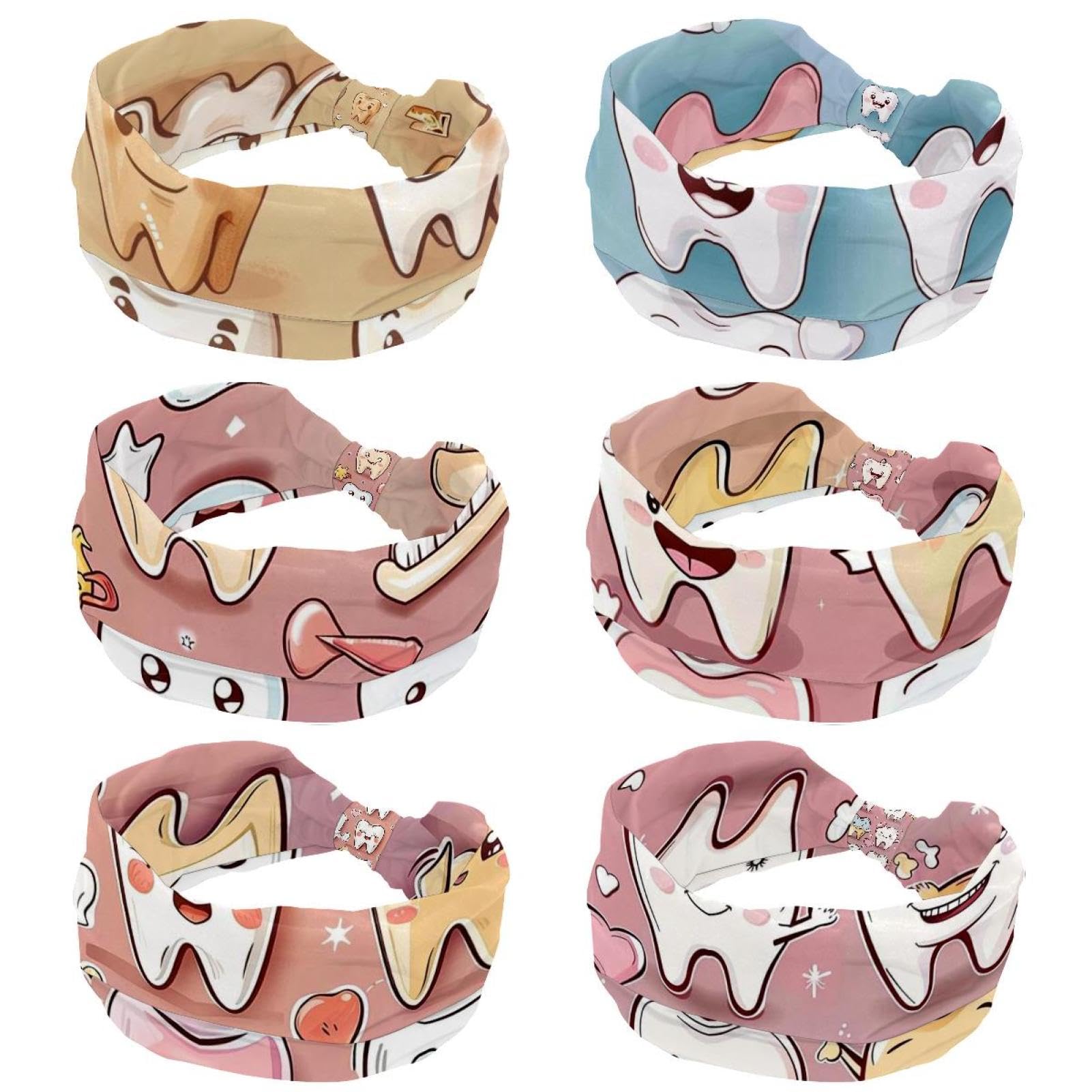 Lot de 6 bandeaux élastiques à dents mignonnes pour femme - Pour yoga, entraînement - Anti-transpiration - Souple - Simple et polyvalent