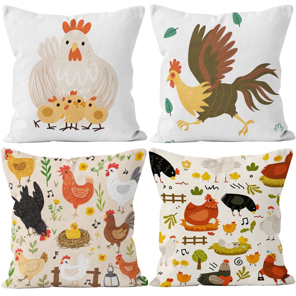 Eyands Child Cushion Covers - Chicken Theme Pillow Covers Square Pillowcase Decorative for Sofas,Beds,Car,Set Of 4,18x18inch
