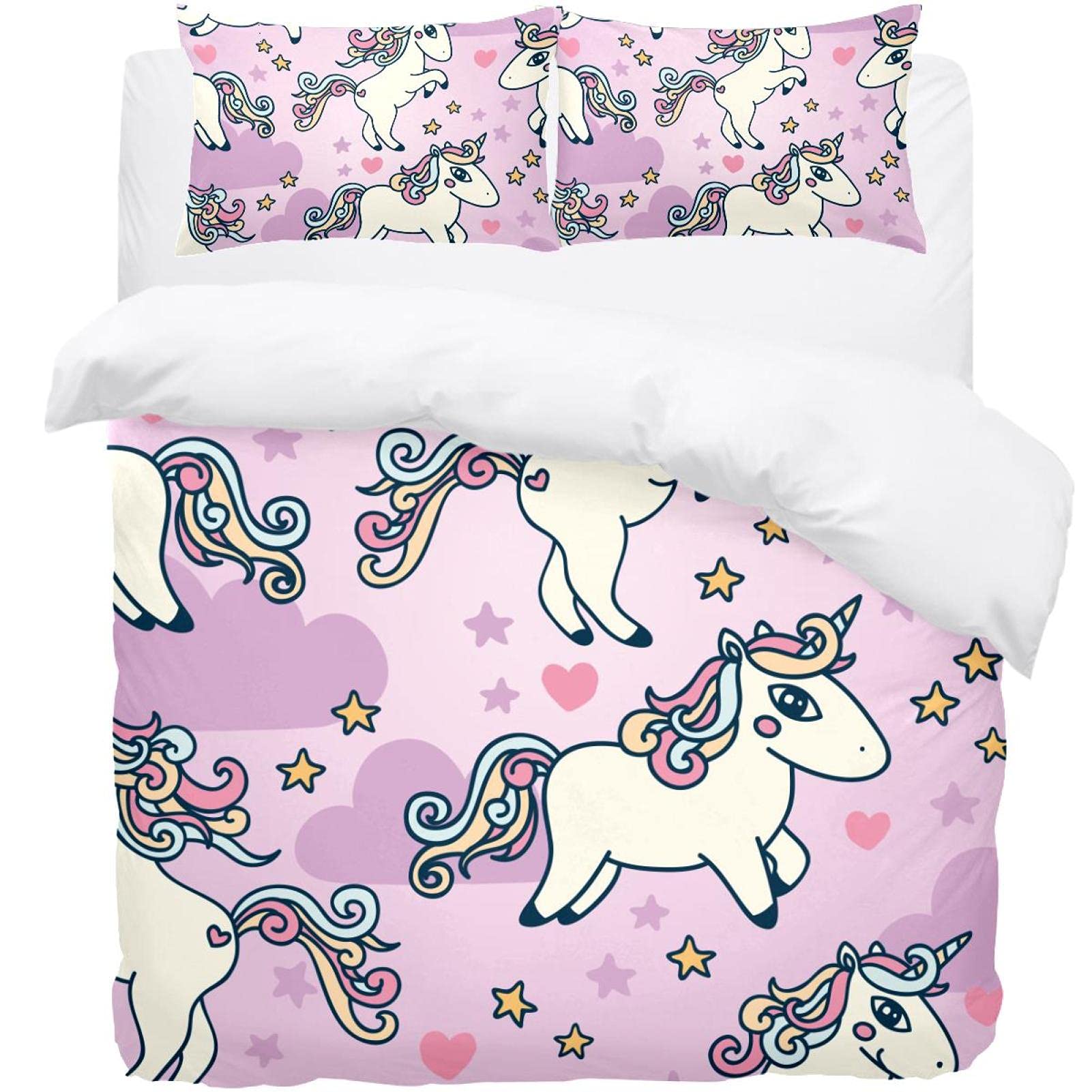 Housse de couette licorne rose avec ses 2 taies d'oreiller pour lit enfant