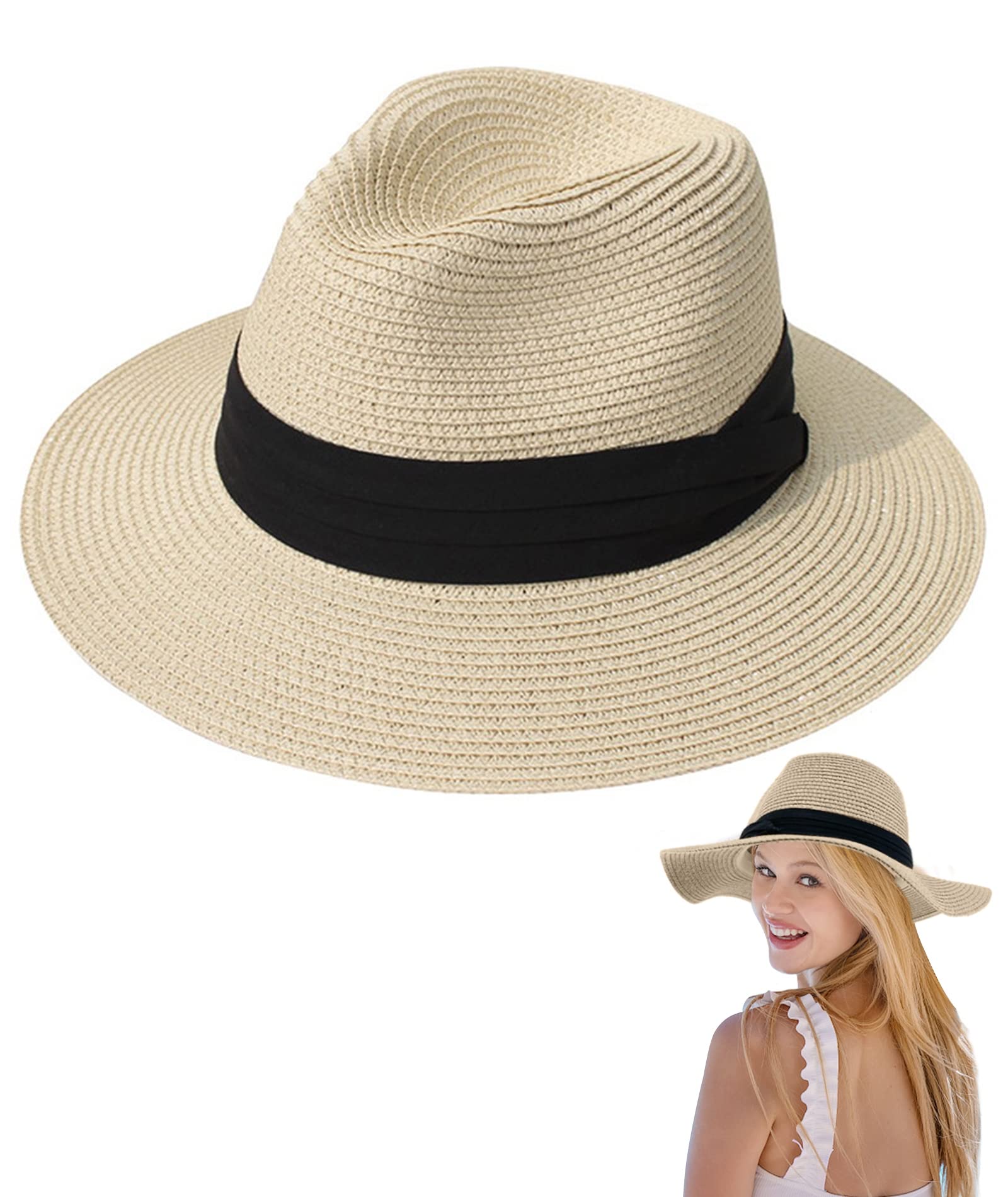 Yutdeng Sombrero de Panamá Mujeres Sombreros de Paja Transpirable Sombrero de Plegable de Viaje Hombre Sombrero de Verano Sombrero de Playa Fedora Sombrero de ala Ancha