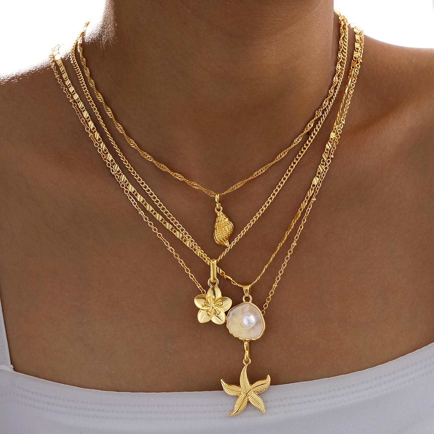 Starfish Necklace for Women Gold Seashell Pendant Necklace Layered Pearl Necklaces Statement Jewelry Summer Beach Accessories - Image 3