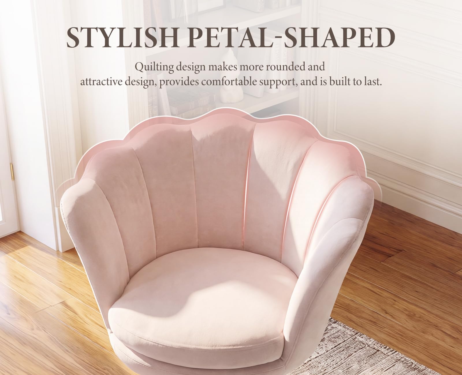Ya-Home Silla Tocador Silla Escritorio de Terciopelo con Ruedas,Rosa Claro | Terciopelo, Giratorio, Ruedas, Altura Ajustable, 10cm Cojin Grueso, Forma de Flor, para Tocador/Dormitorio/Oficina, MAX 136KG