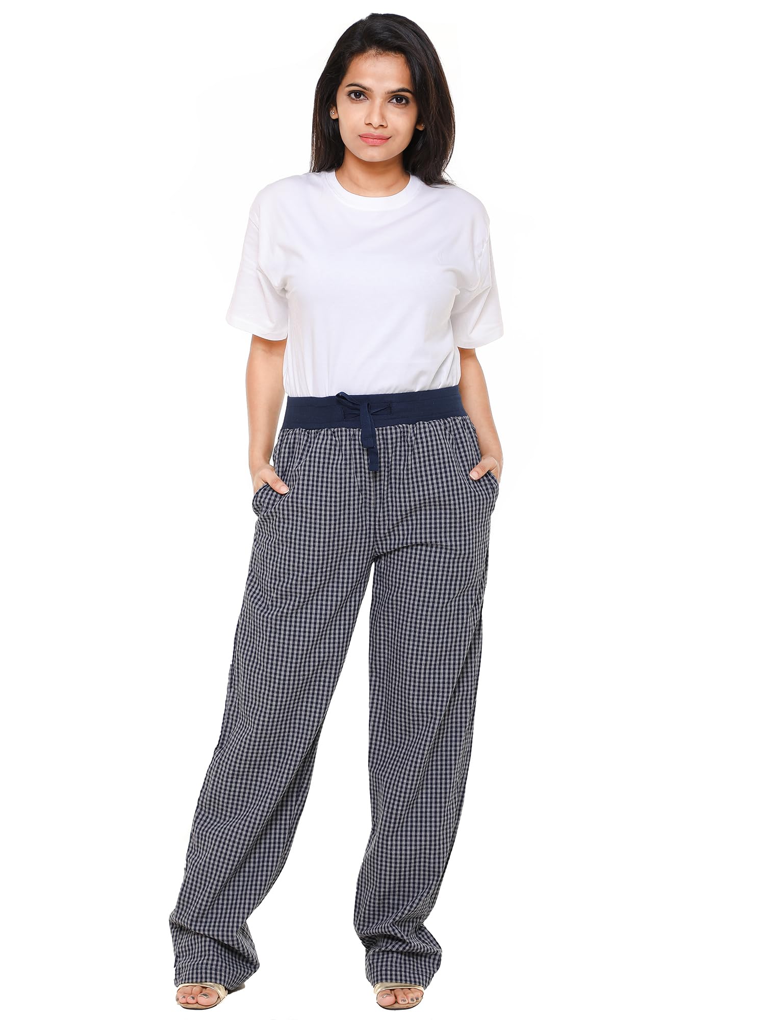twist Women's Navy Blue and Grey Checked 100% Cotton Pyjama Sleepwear Night Wear-picture-30