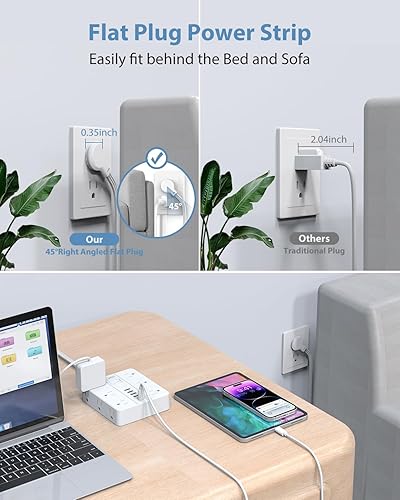 Miniatura 6 de Regleta de alimentación plana con 12 tomacorrientes, 6 USB (2 USB C), estación de carga SMNICE con protección contra sobrecargas, cable de extensión